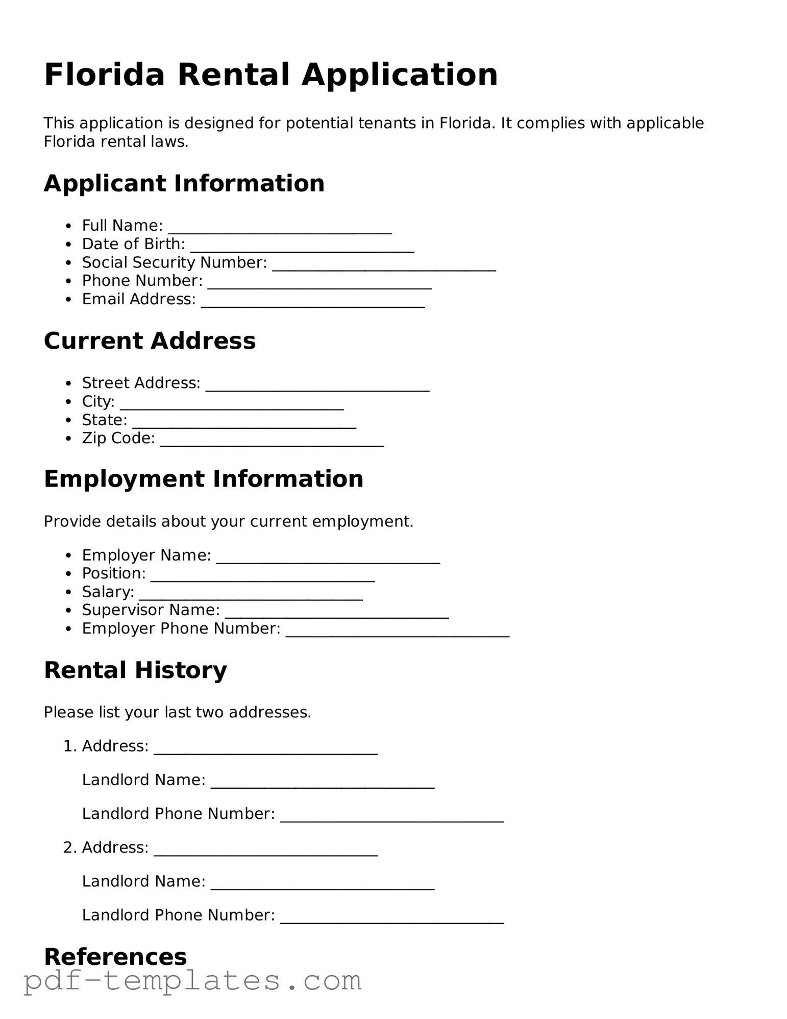 Official Rental Application Template for Florida State