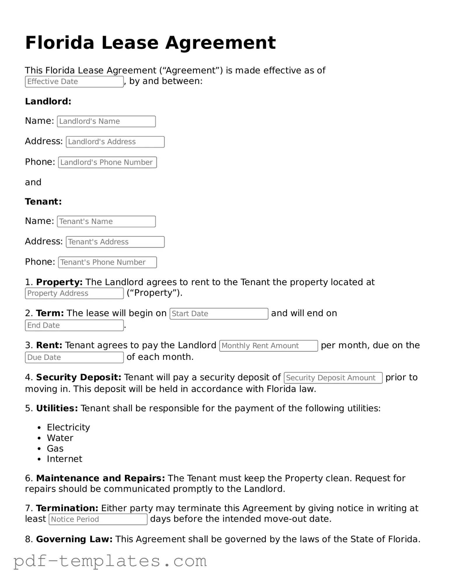 Official Lease Agreement Template for Florida State