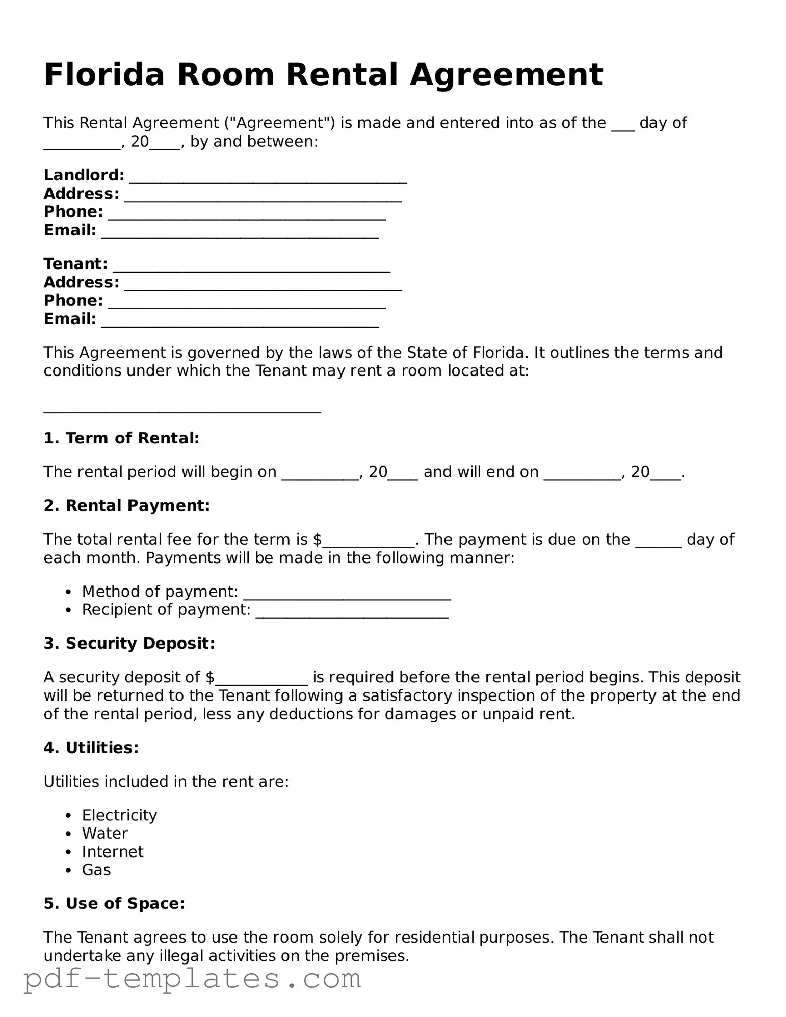 Official Room Rental Agreement Template for Florida State