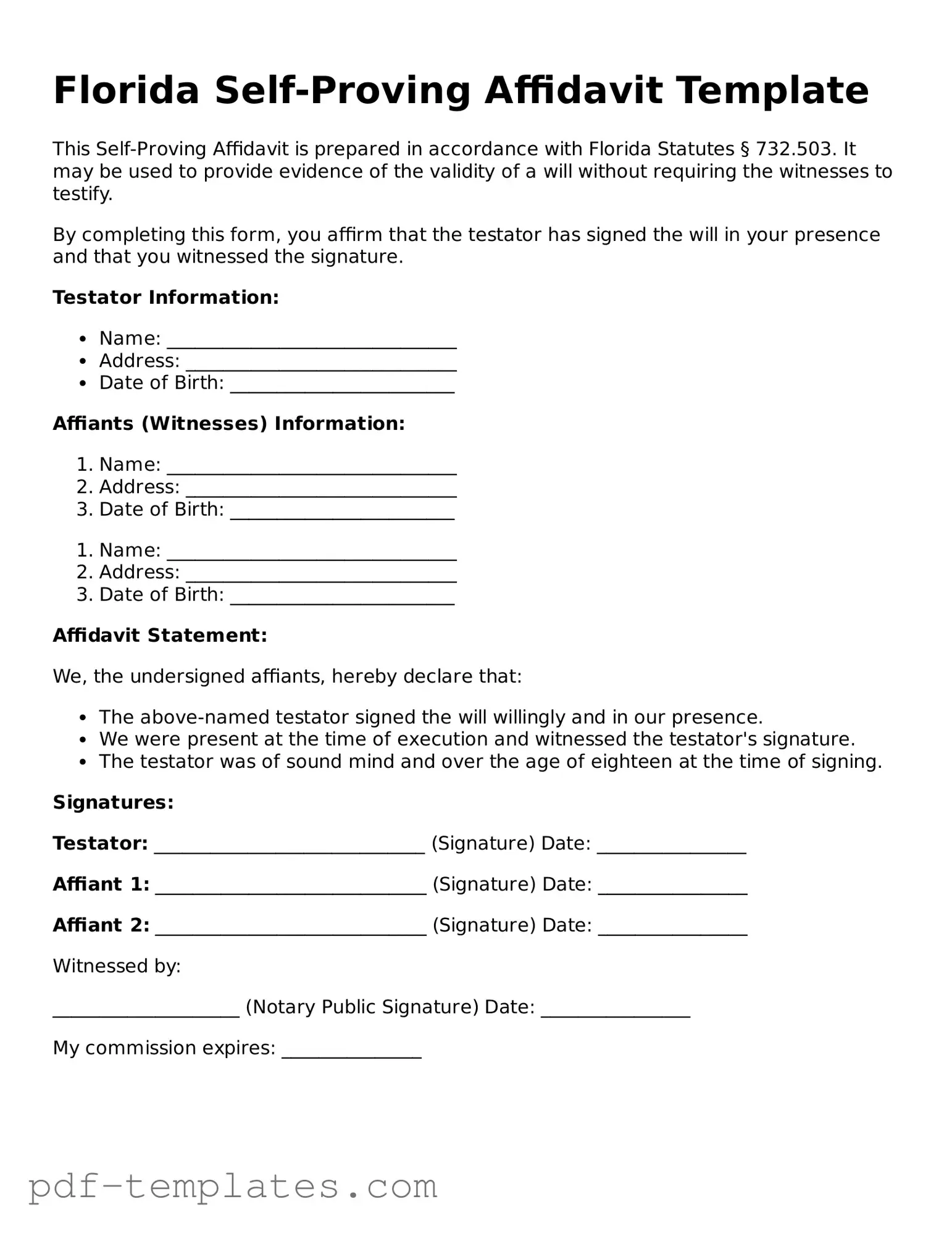 Official Self-Proving Affidavit Template for Florida State