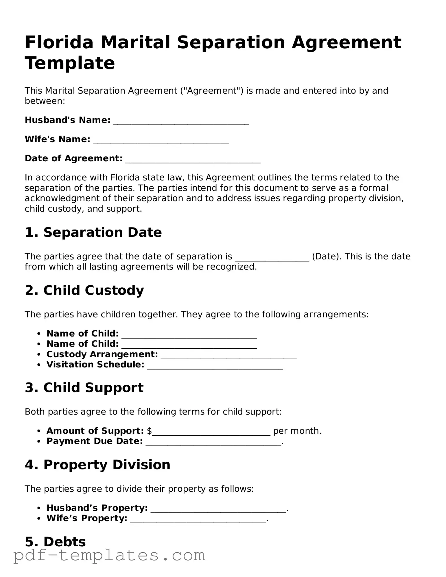 Official Marital Separation Agreement Template for Florida State