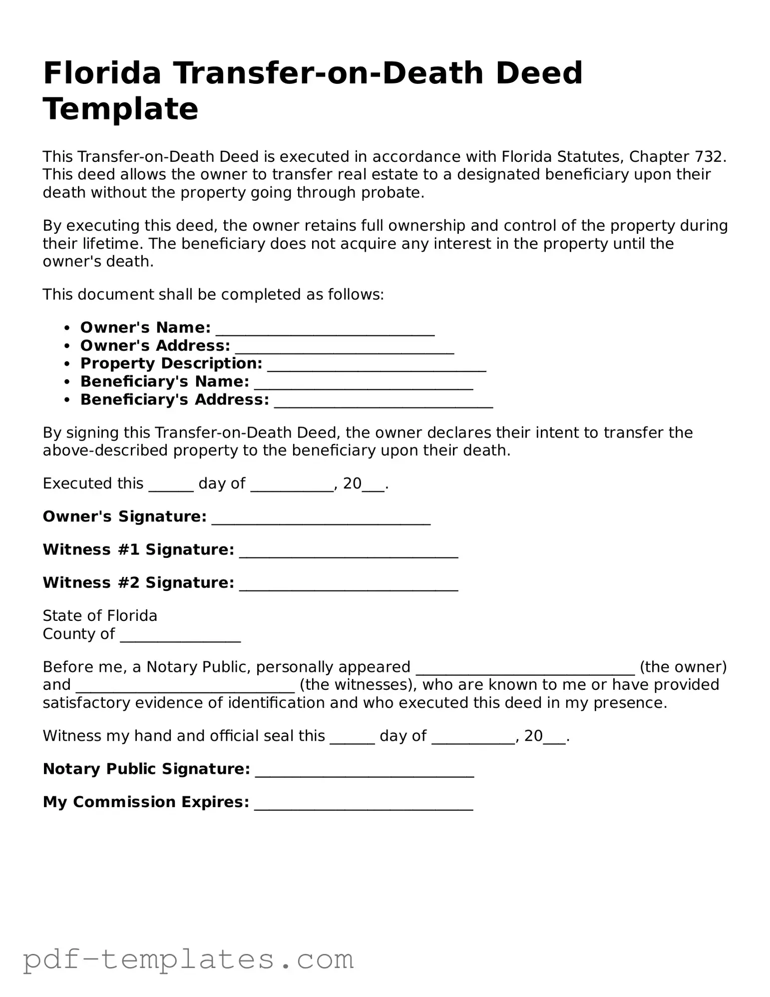 Official Transfer-on-Death Deed Template for Florida State