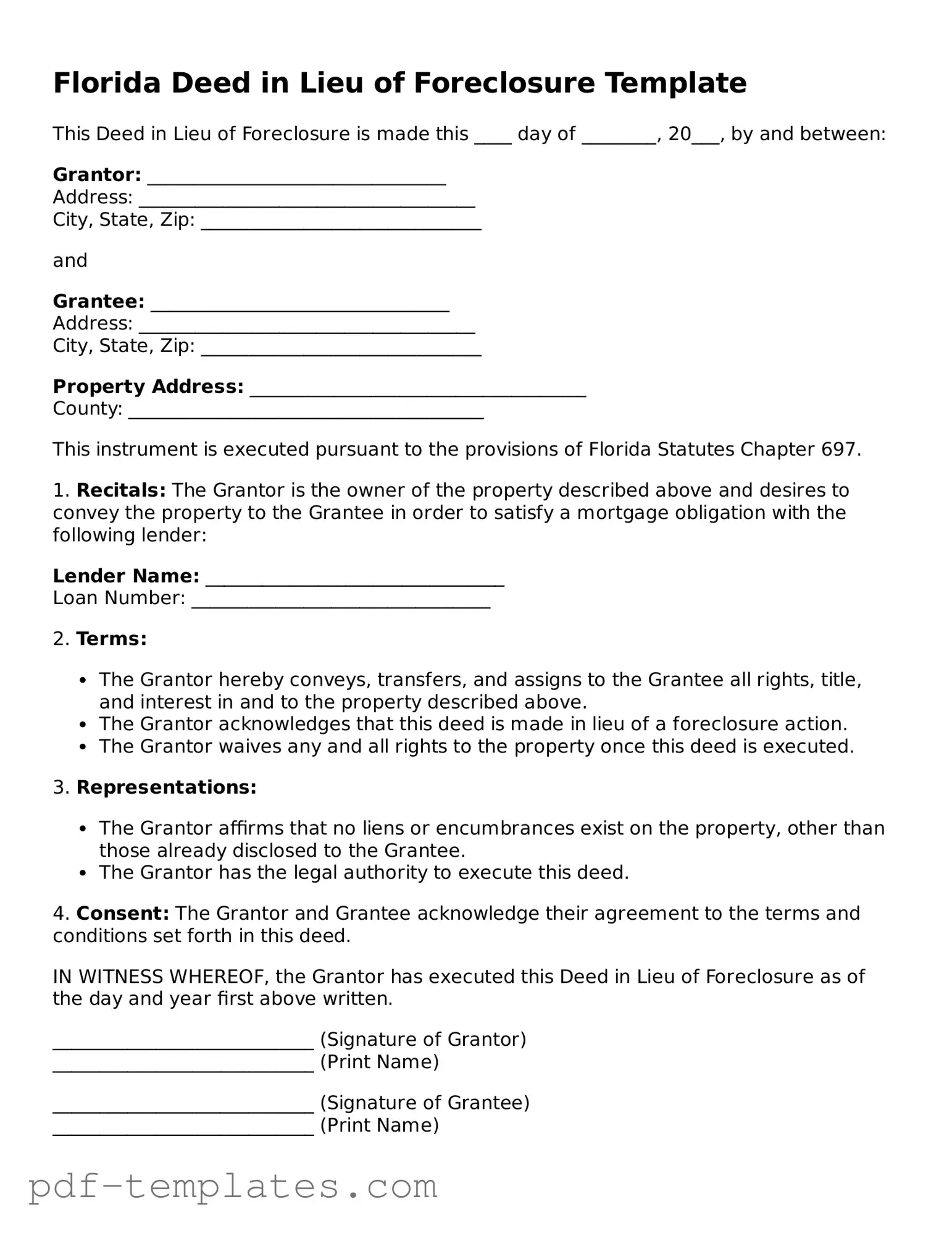 Official Deed in Lieu of Foreclosure Template for Florida State