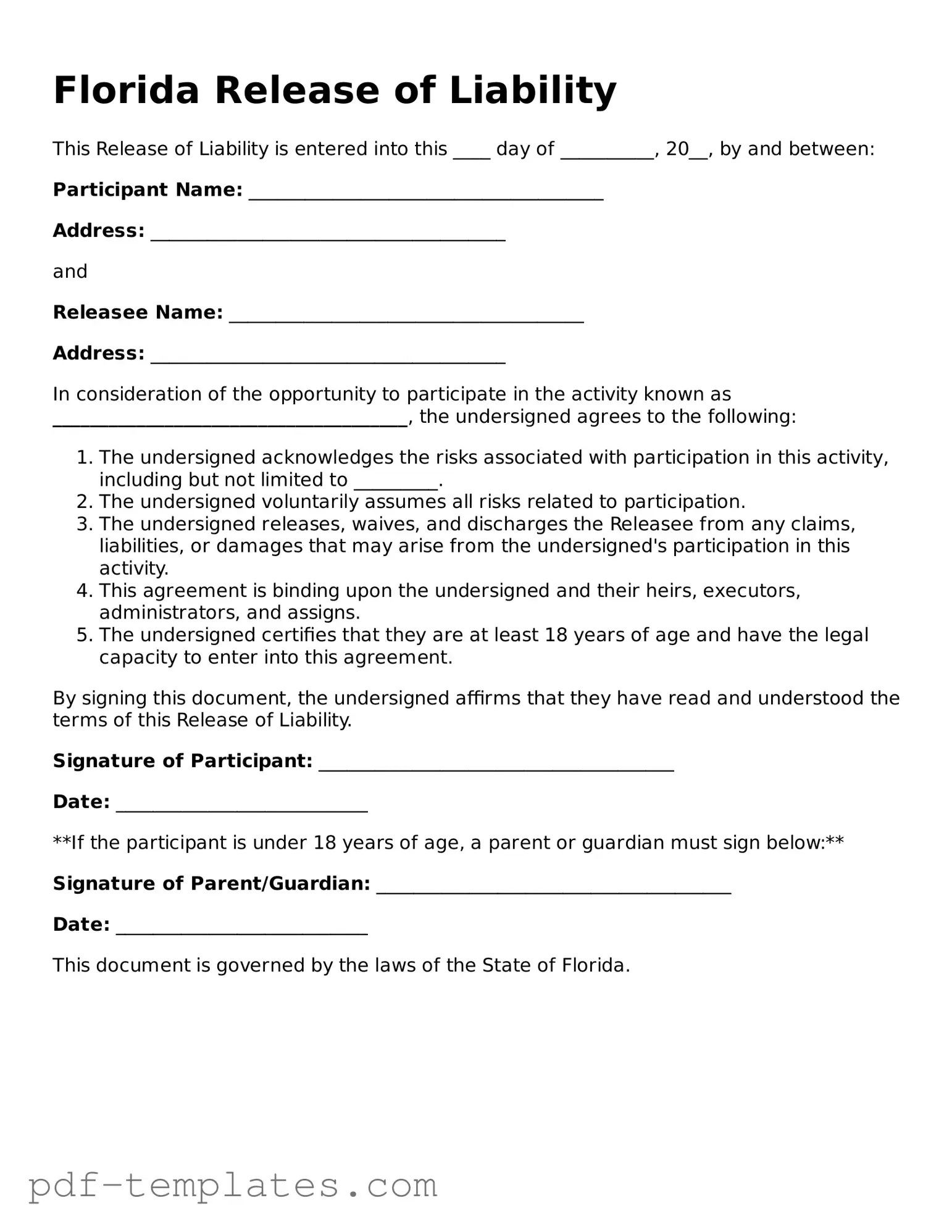 Official Release of Liability Template for Florida State