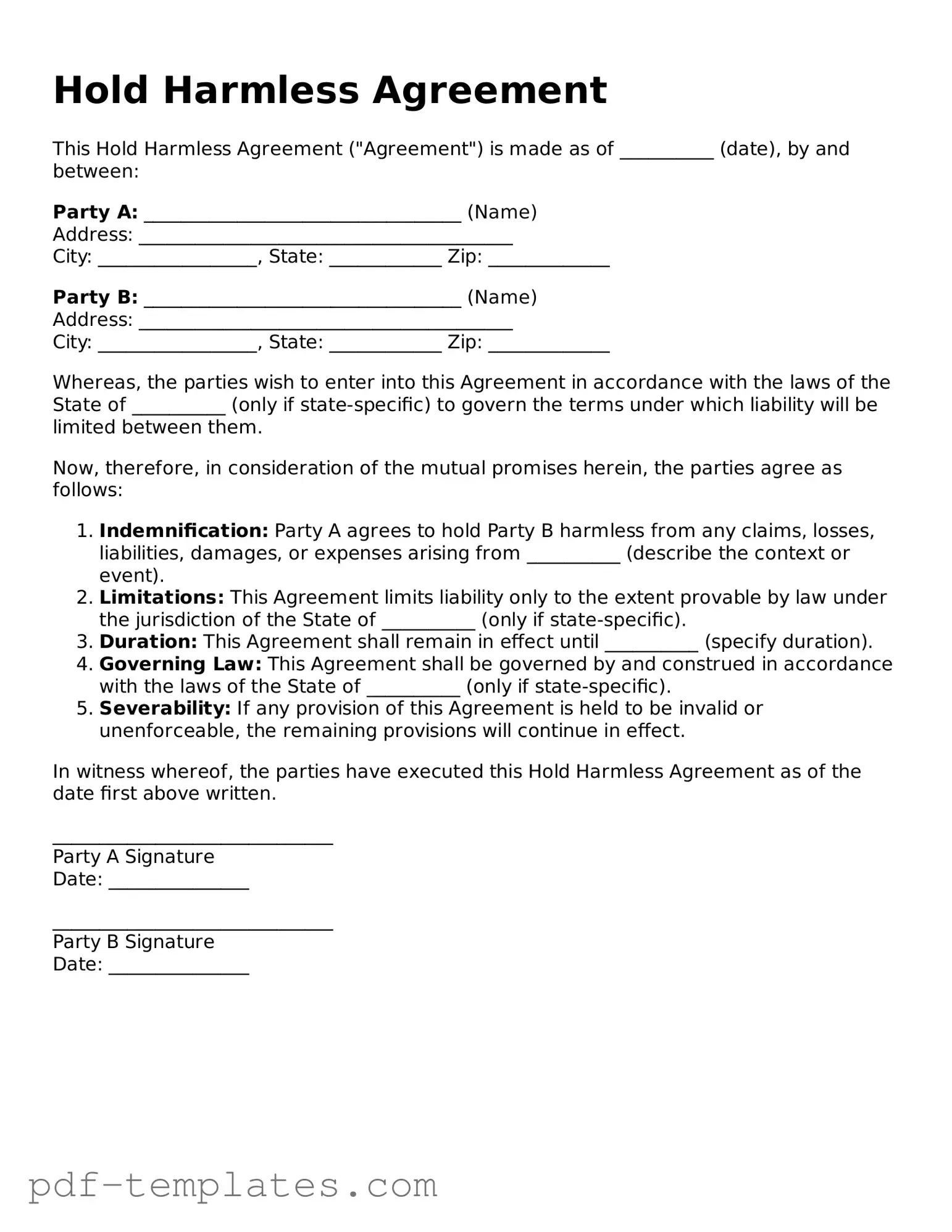 Hold Harmless Agreement Document