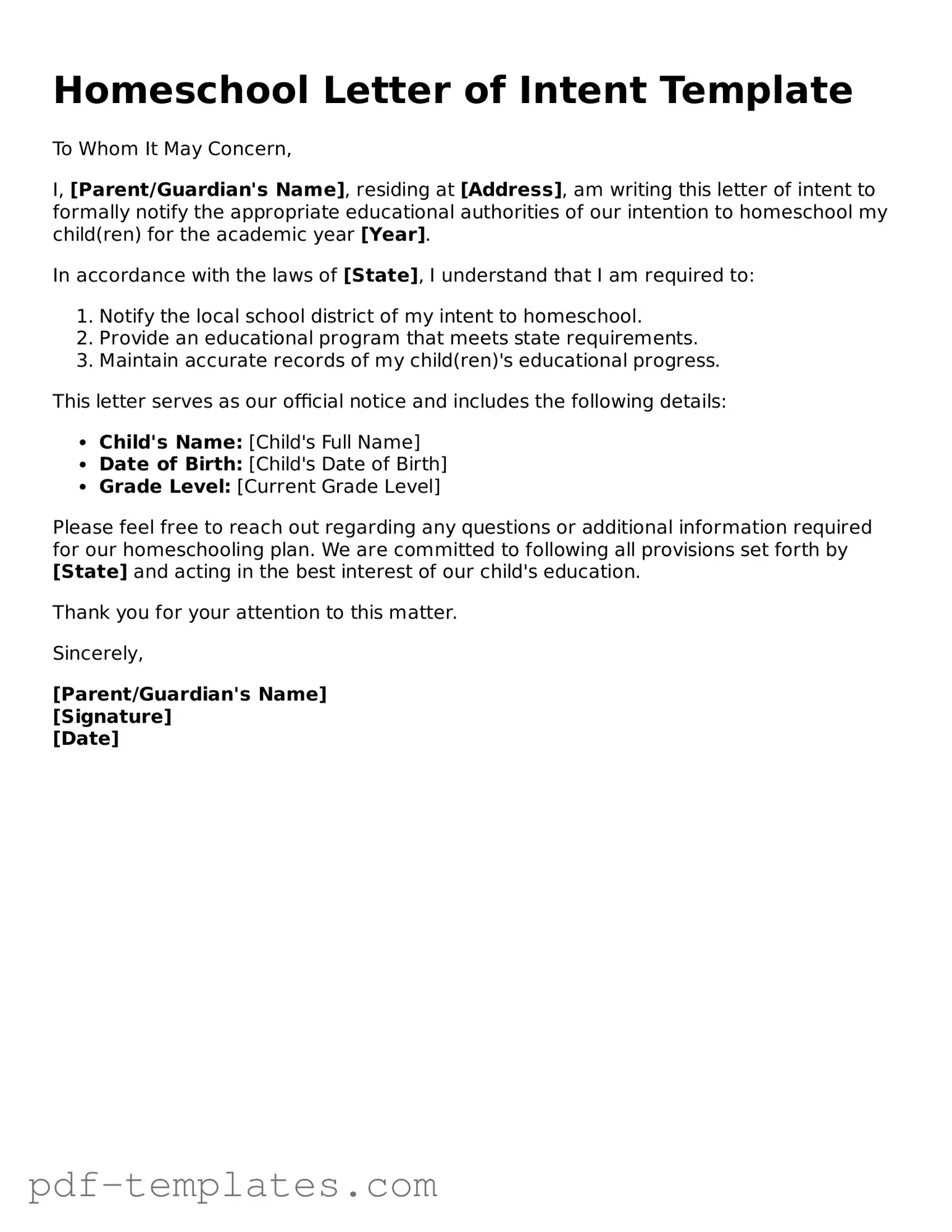 Homeschool Letter of Intent Document