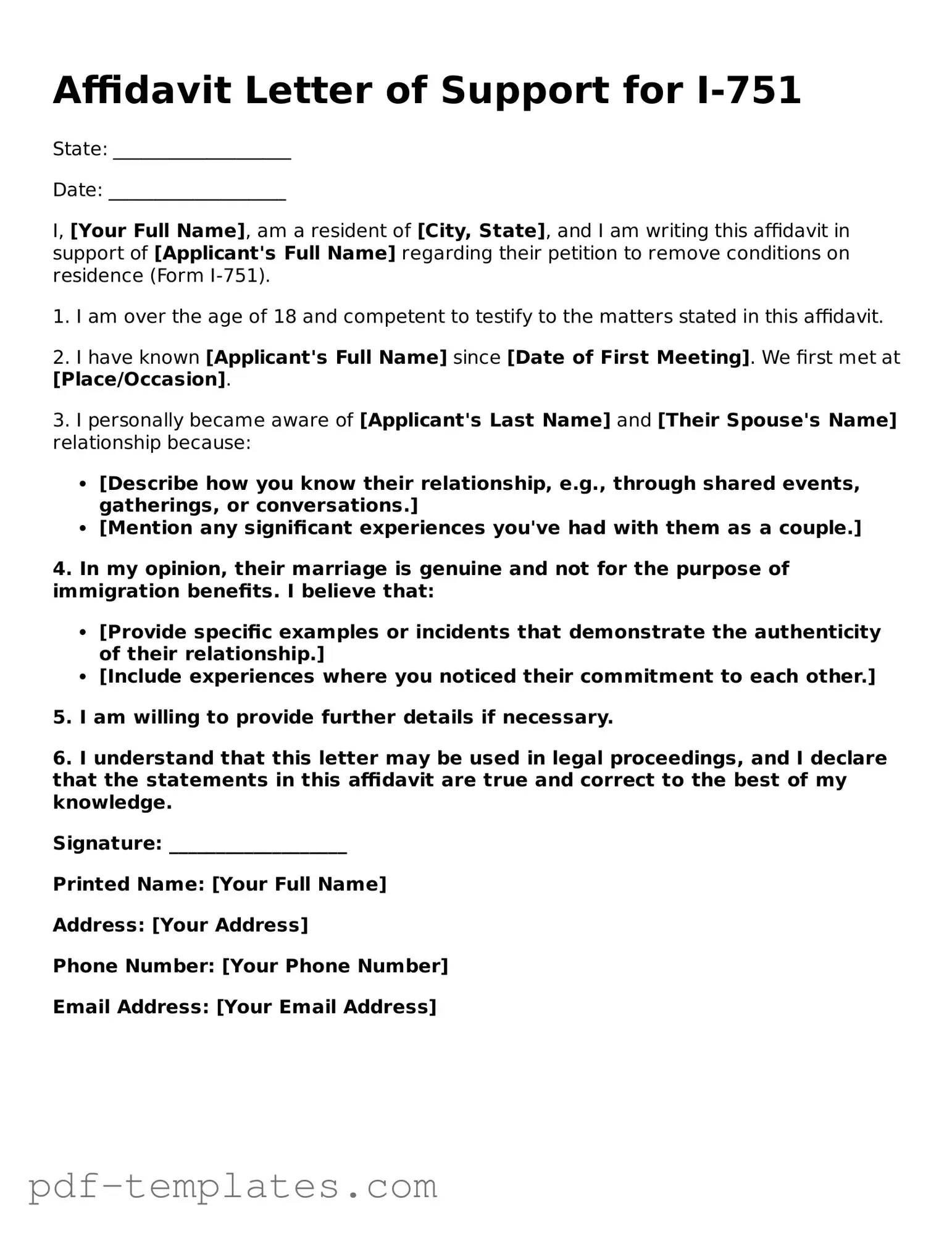 Affidavit Letter of Support for I-751 Document