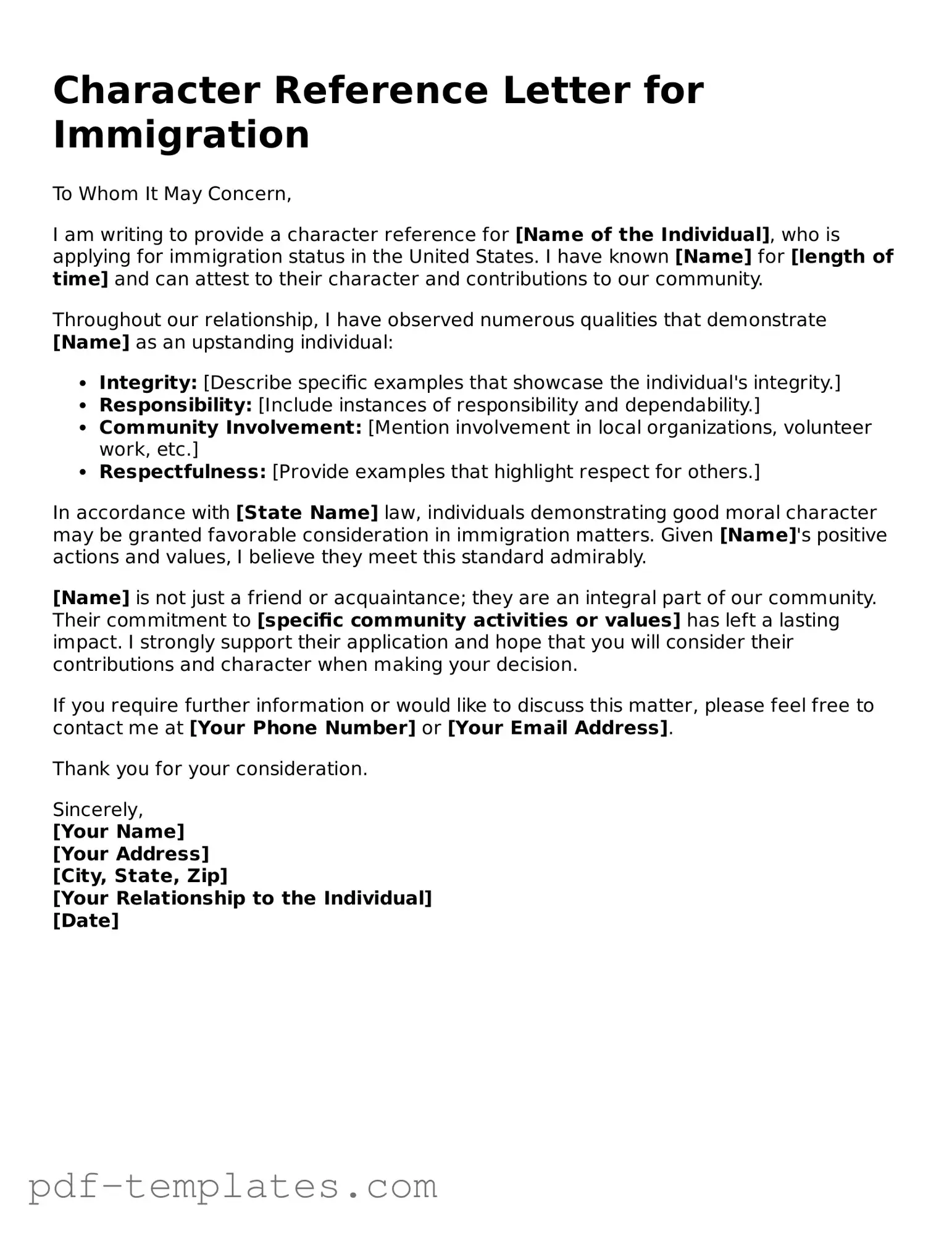 Character Reference Letter for Immigration Document