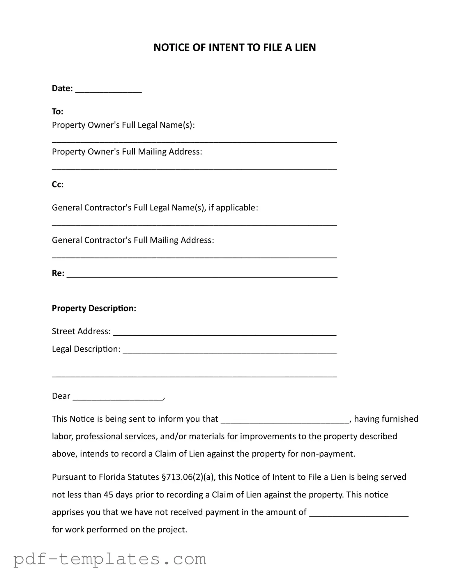 Get Intent To Lien Florida Form in PDF