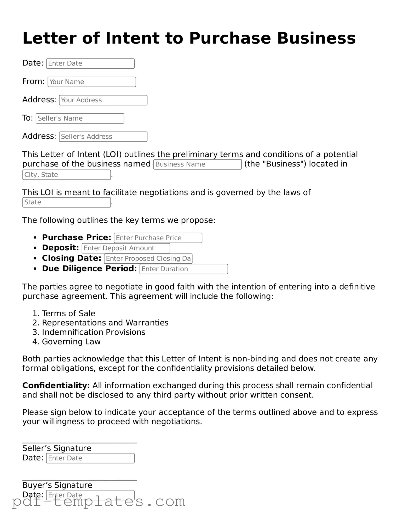 Letter of Intent to Purchase Business Document