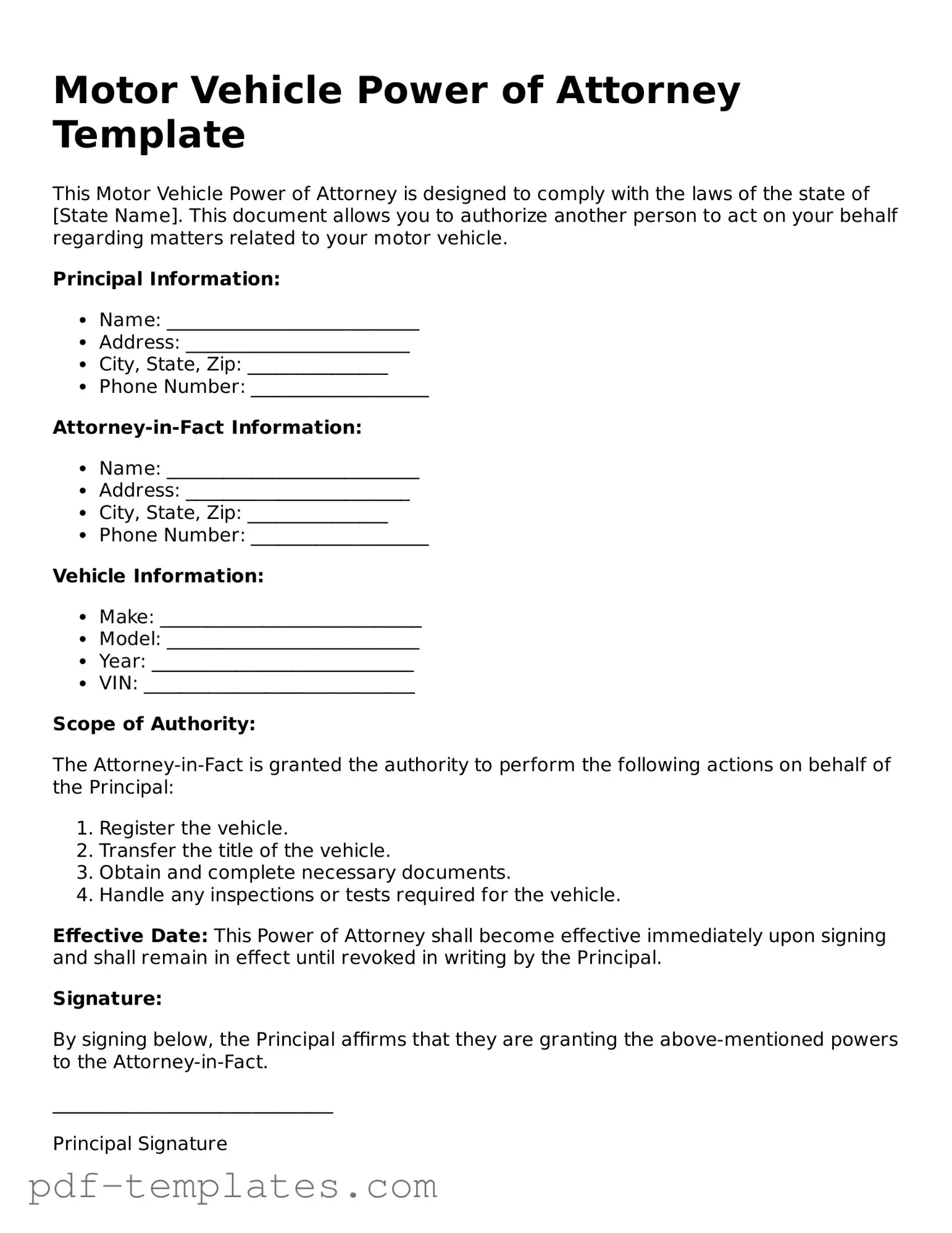 Motor Vehicle Power of Attorney Document