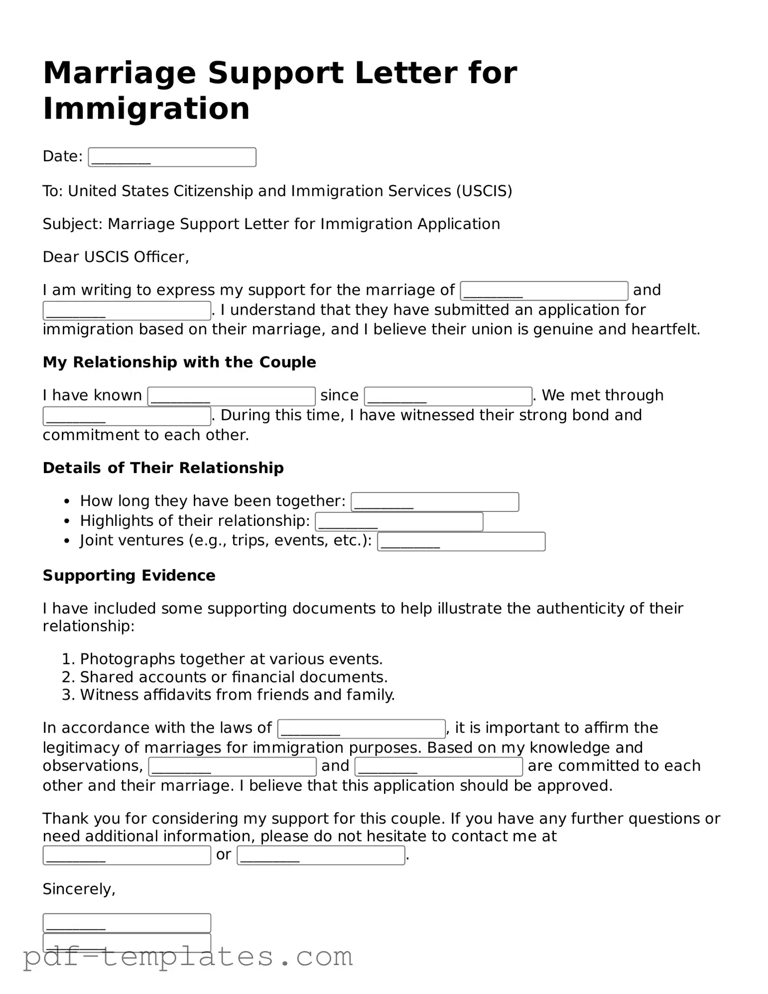 Marriage Support Letter for Immigration Document