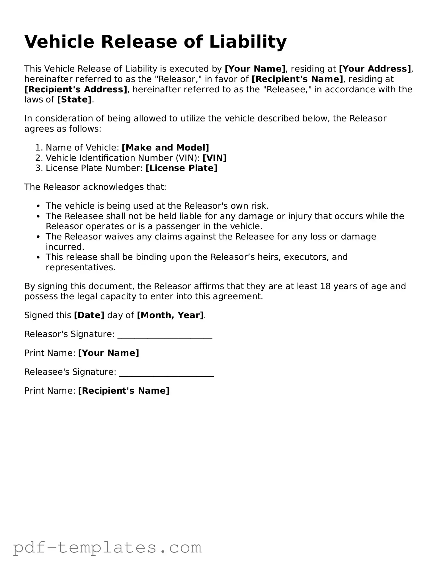 Vehicle Release of Liability Document