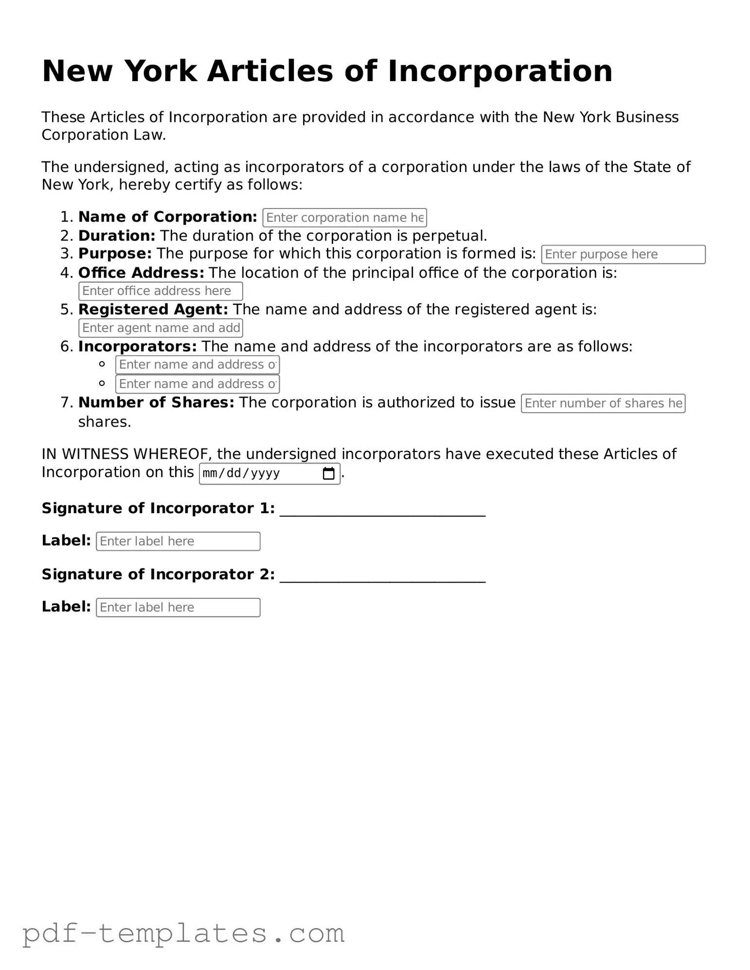 Official Articles of Incorporation Template for New York State