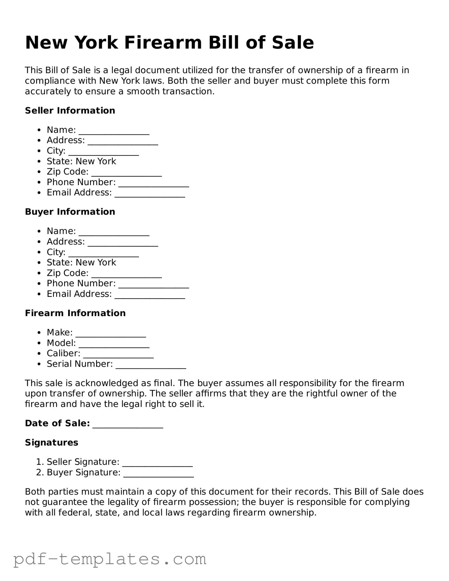 Official Firearm Bill of Sale Template for New York State
