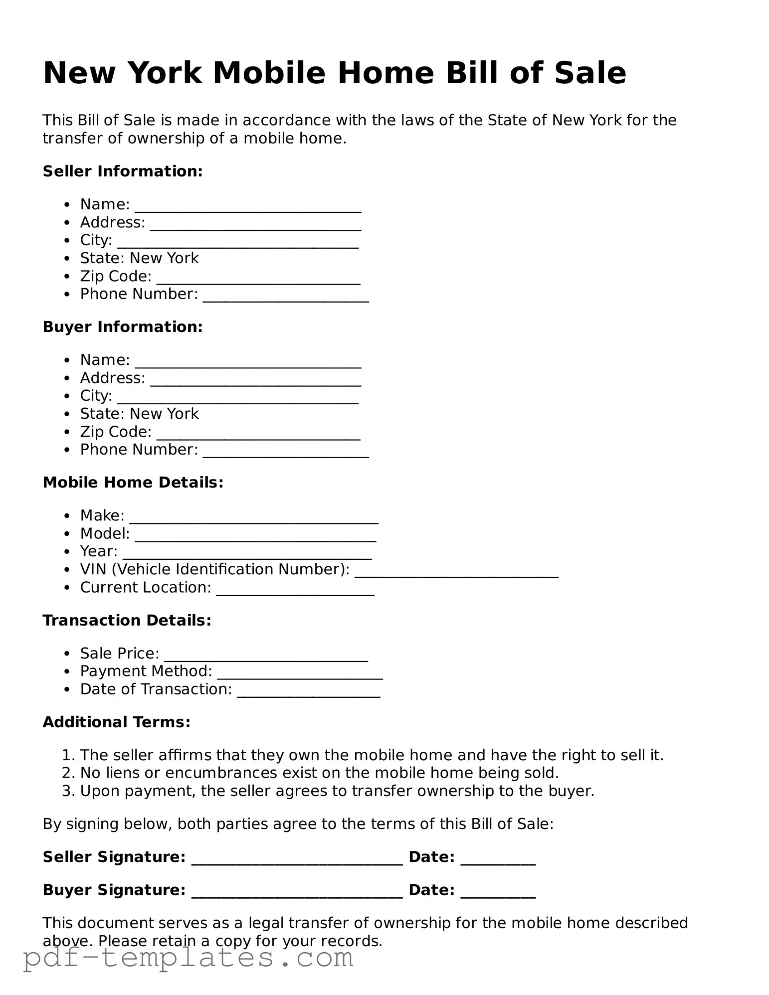 Official Mobile Home Bill of Sale Template for New York State