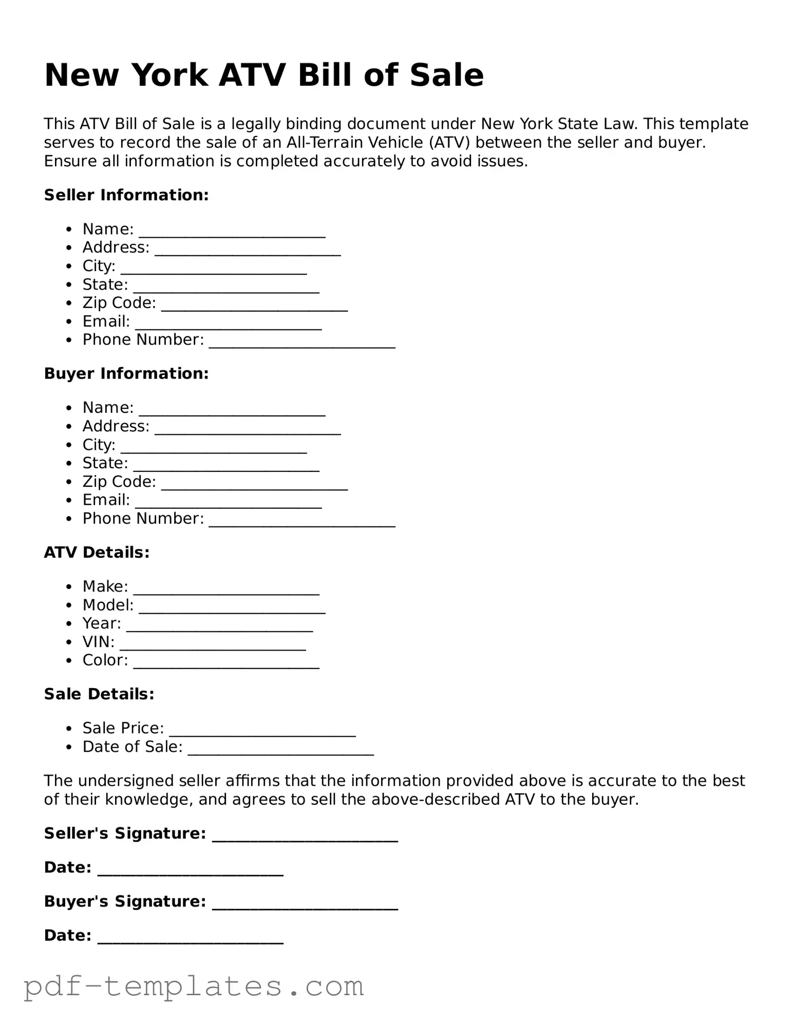 Official ATV Bill of Sale Template for New York State