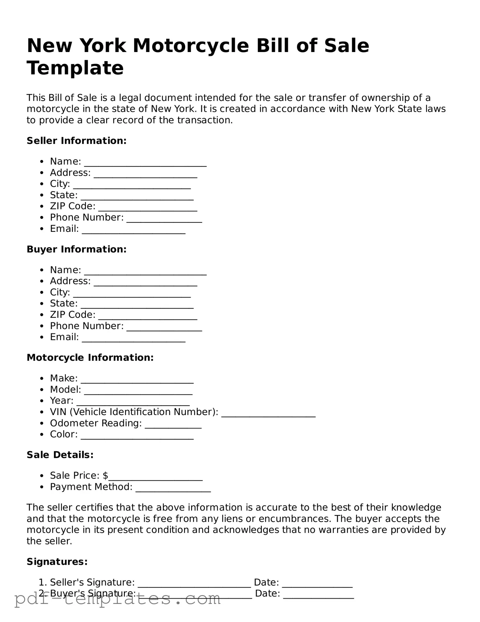 Official Motorcycle Bill of Sale Template for New York State