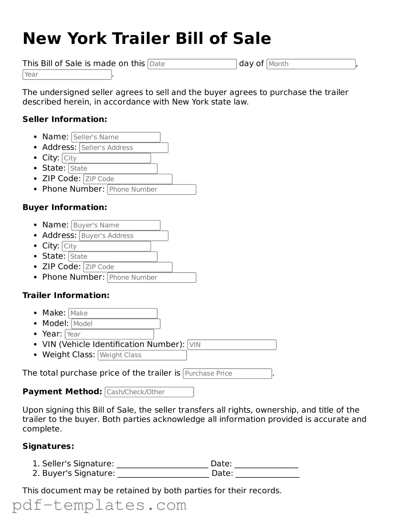 Official Trailer Bill of Sale Template for New York State