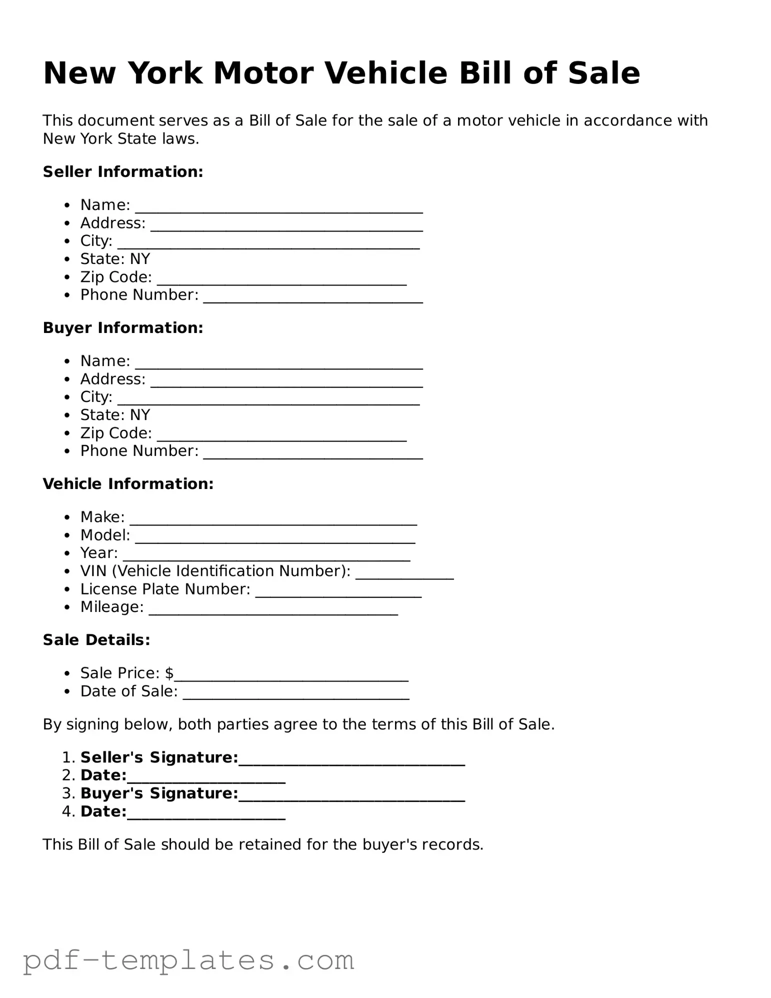 Official Motor Vehicle Bill of Sale Template for New York State
