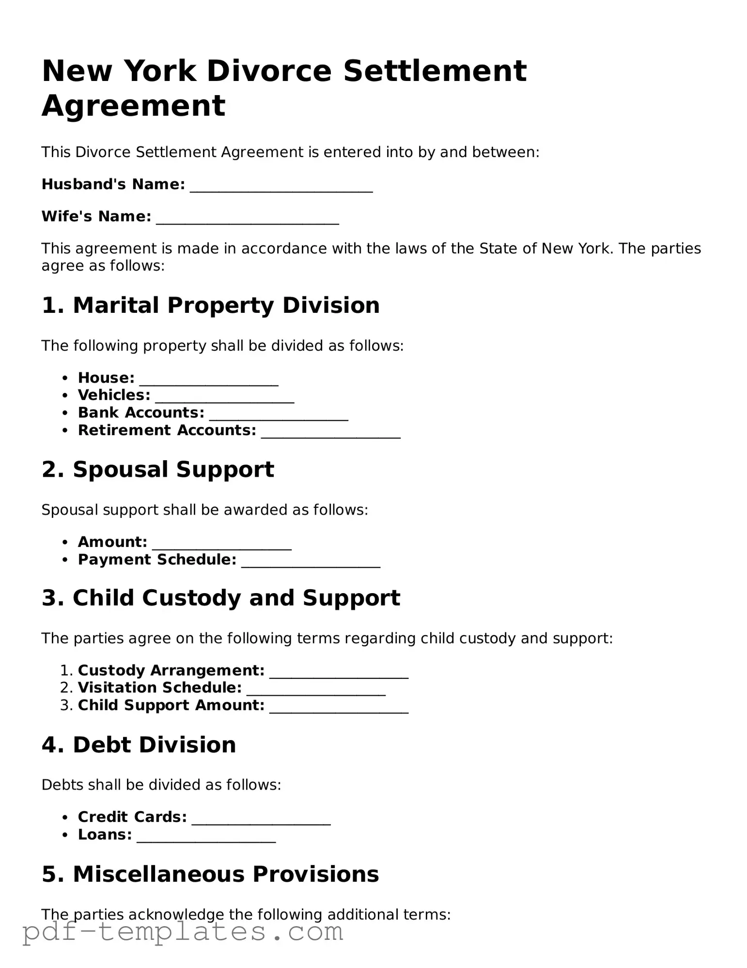 Official Divorce Settlement Agreement Template for New York State