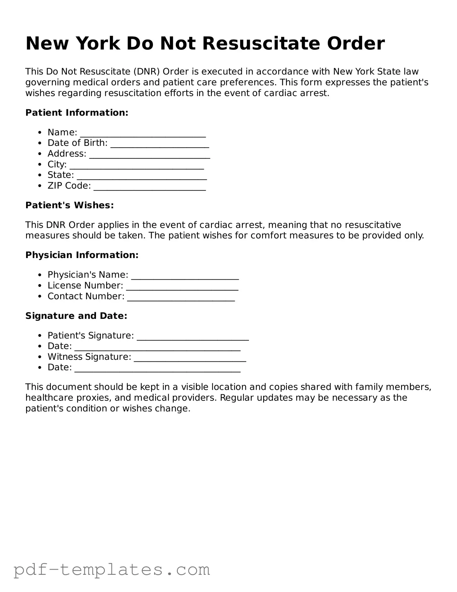 Official Do Not Resuscitate Order Template for New York State