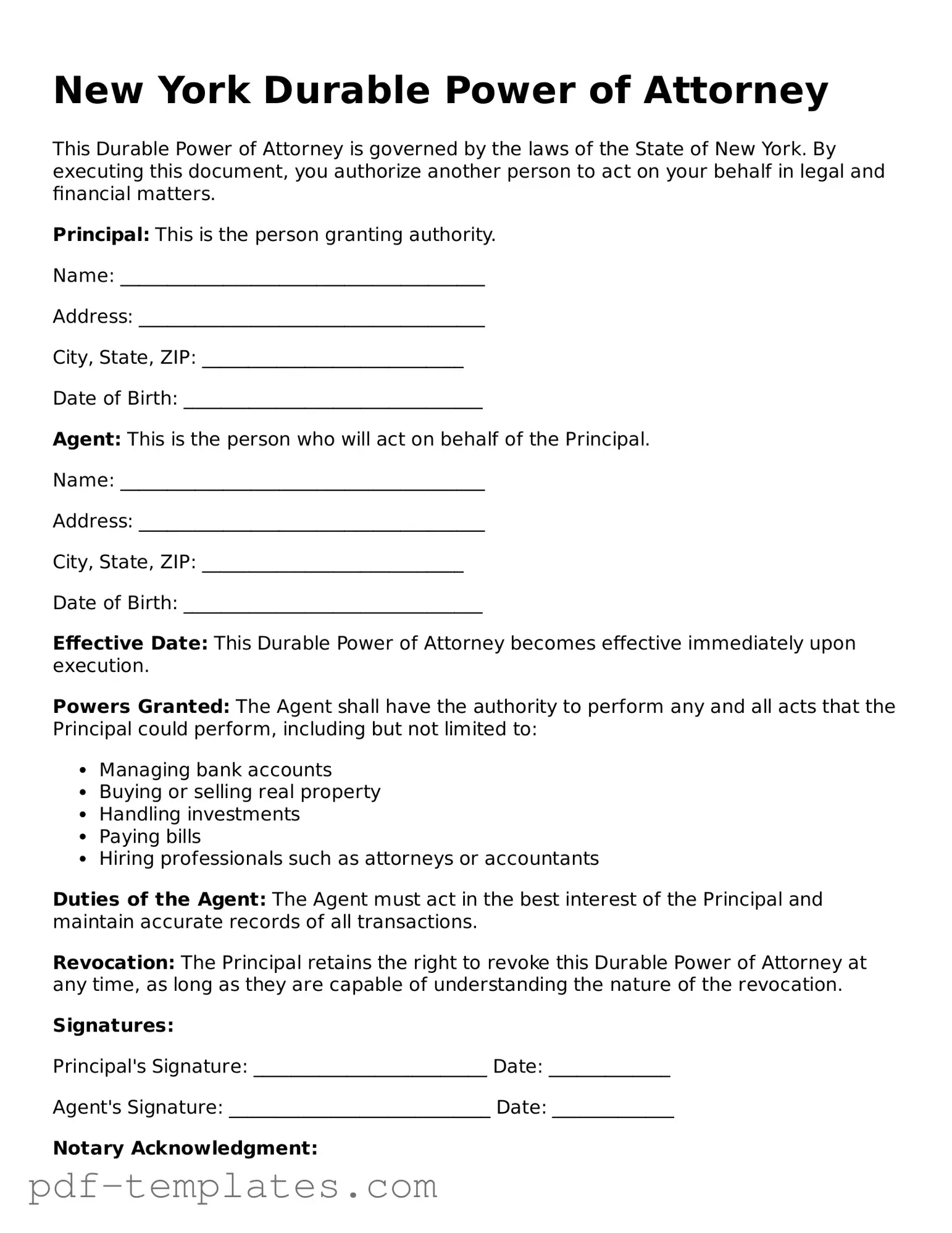 Official Durable Power of Attorney Template for New York State