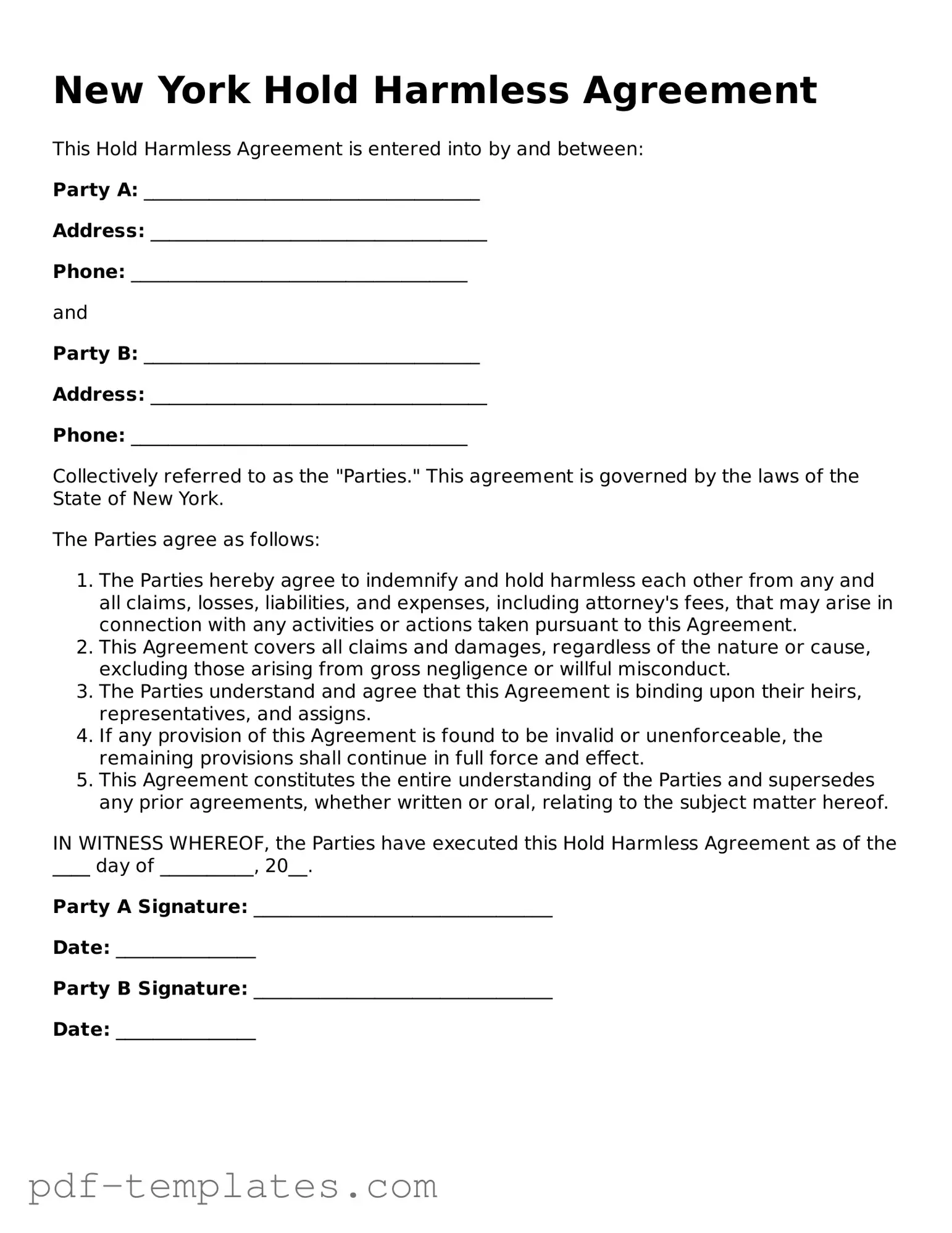 Official Hold Harmless Agreement Template for New York State