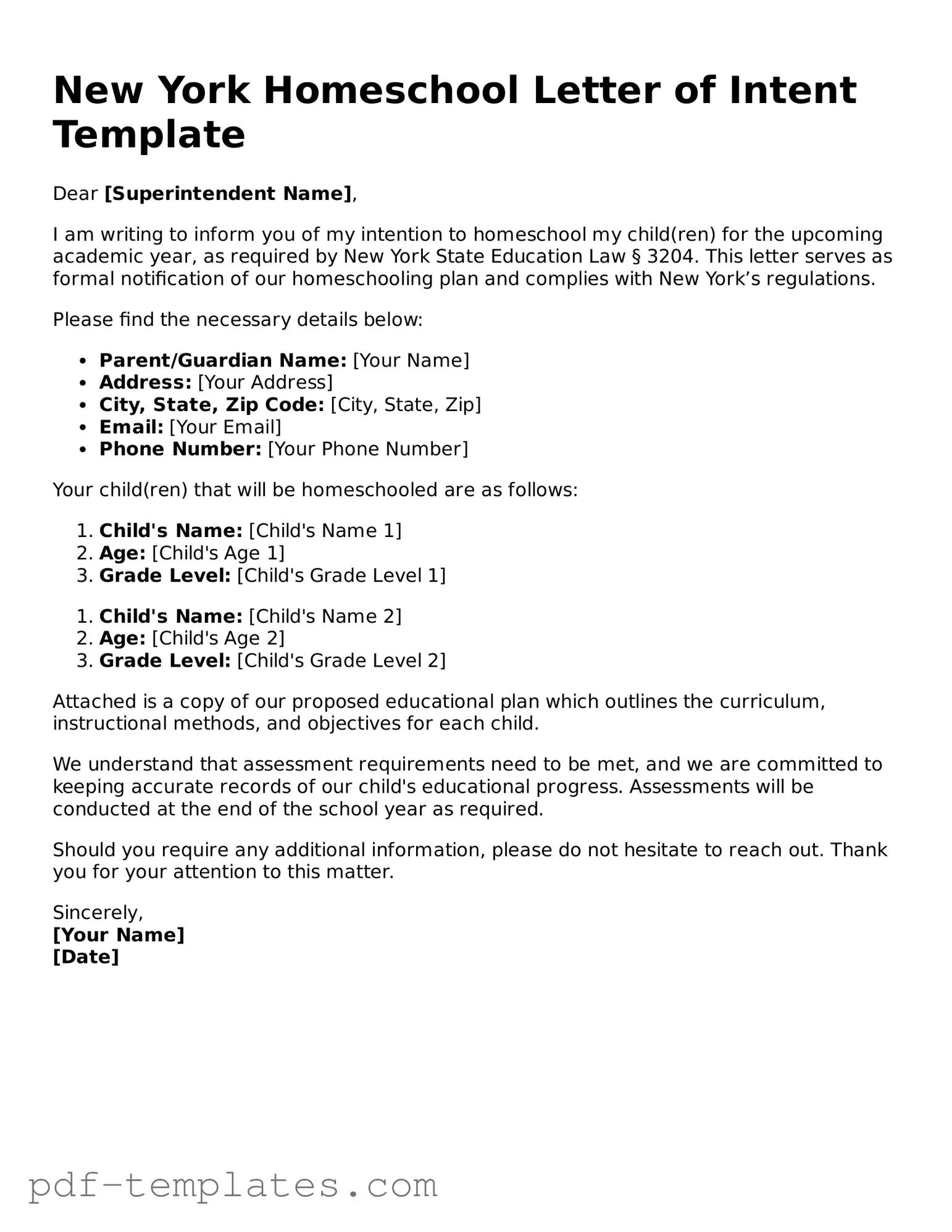 Official Homeschool Letter of Intent Template for New York State