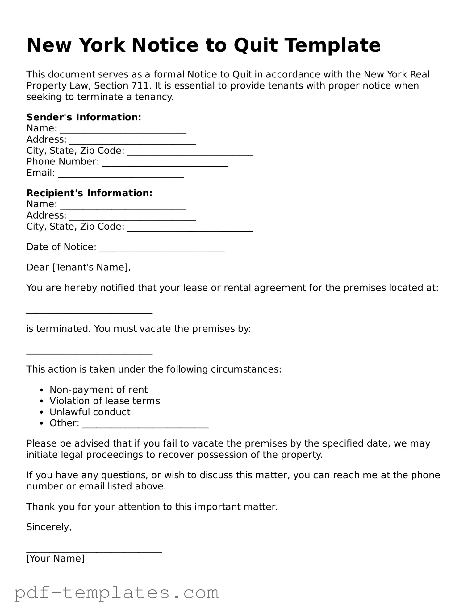 Official Notice to Quit Template for New York State