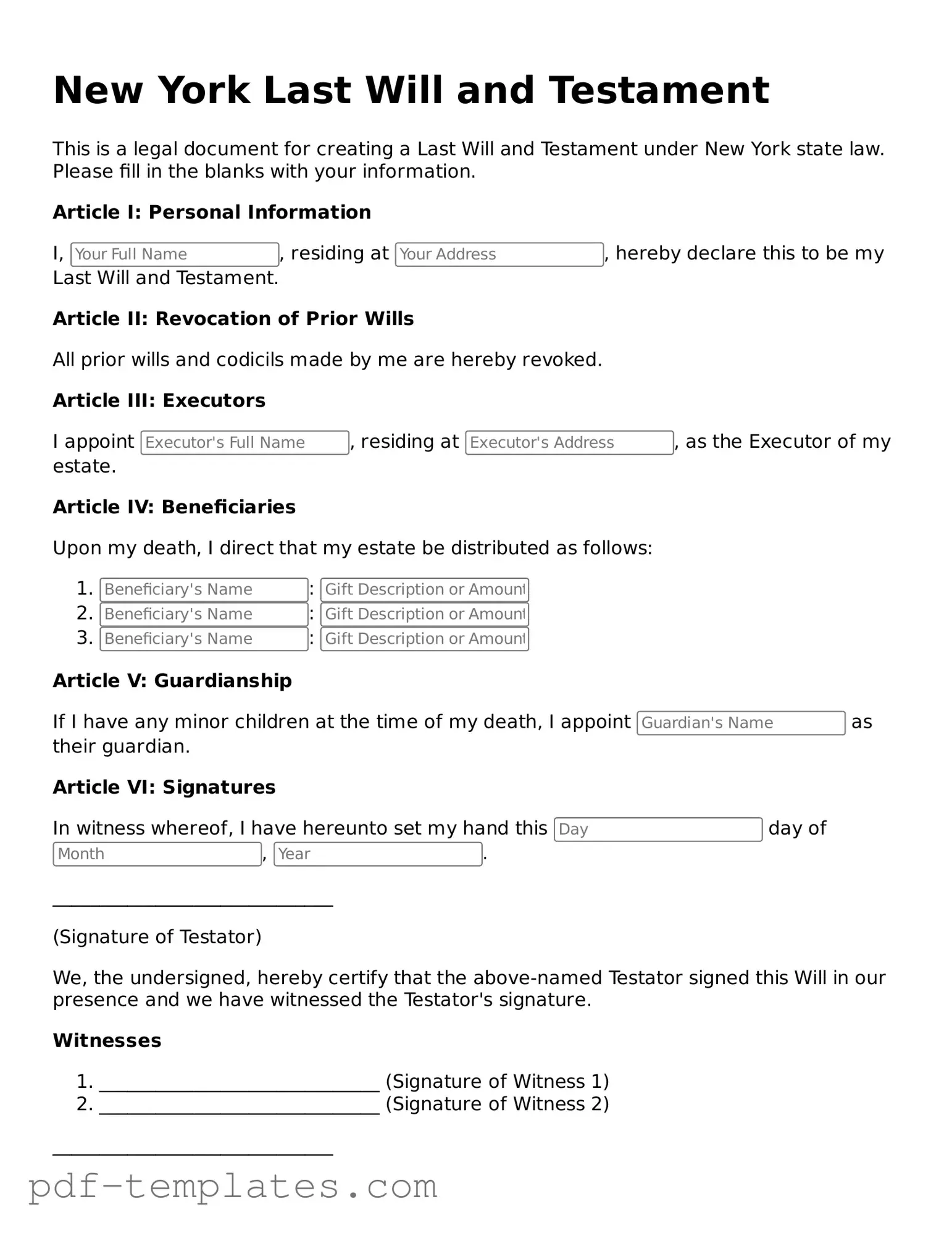 Official Last Will and Testament Template for New York State