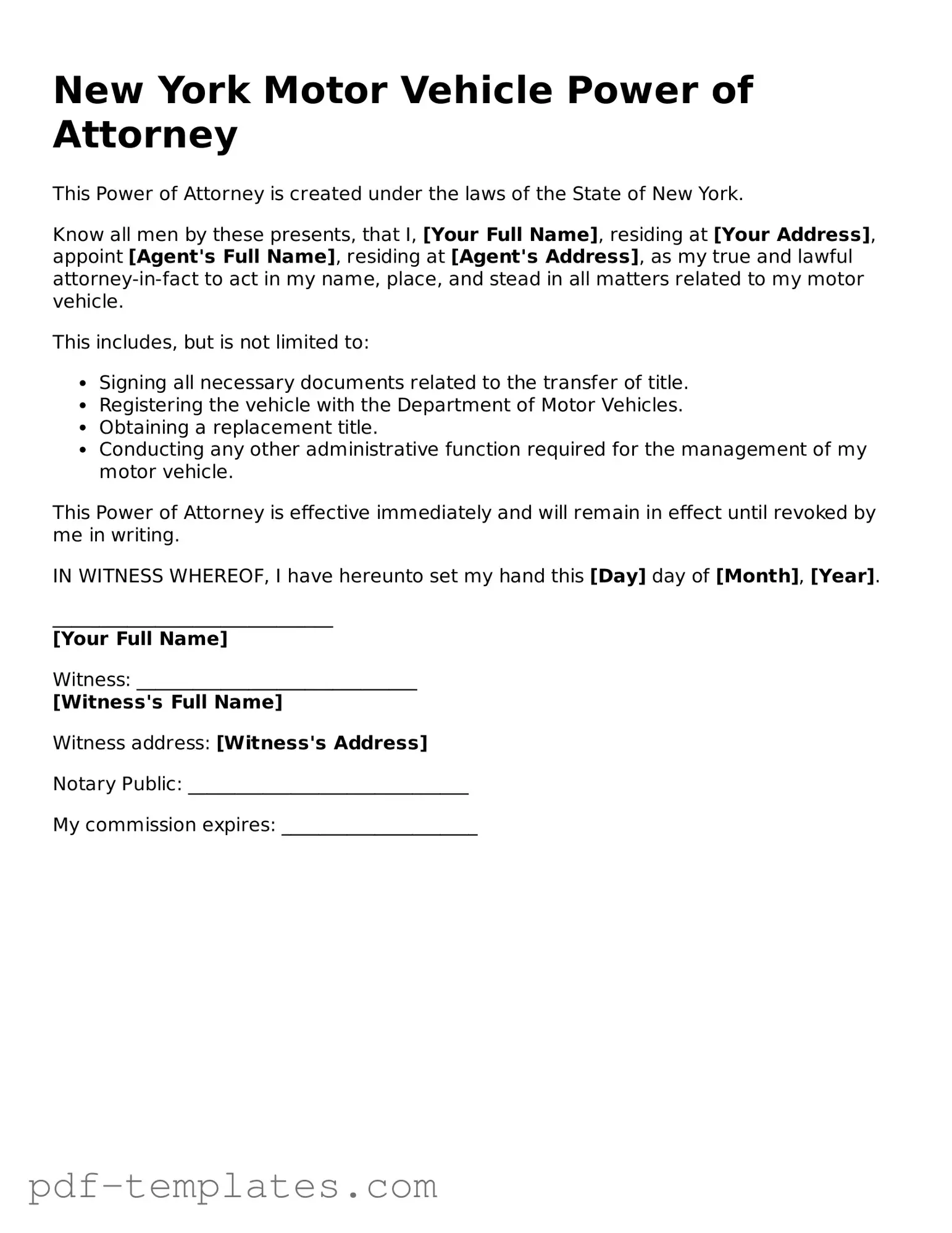 Official Motor Vehicle Power of Attorney Template for New York State