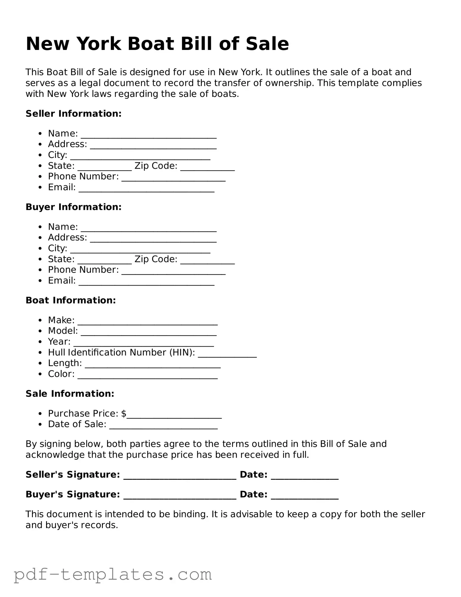 Official Boat Bill of Sale Template for New York State
