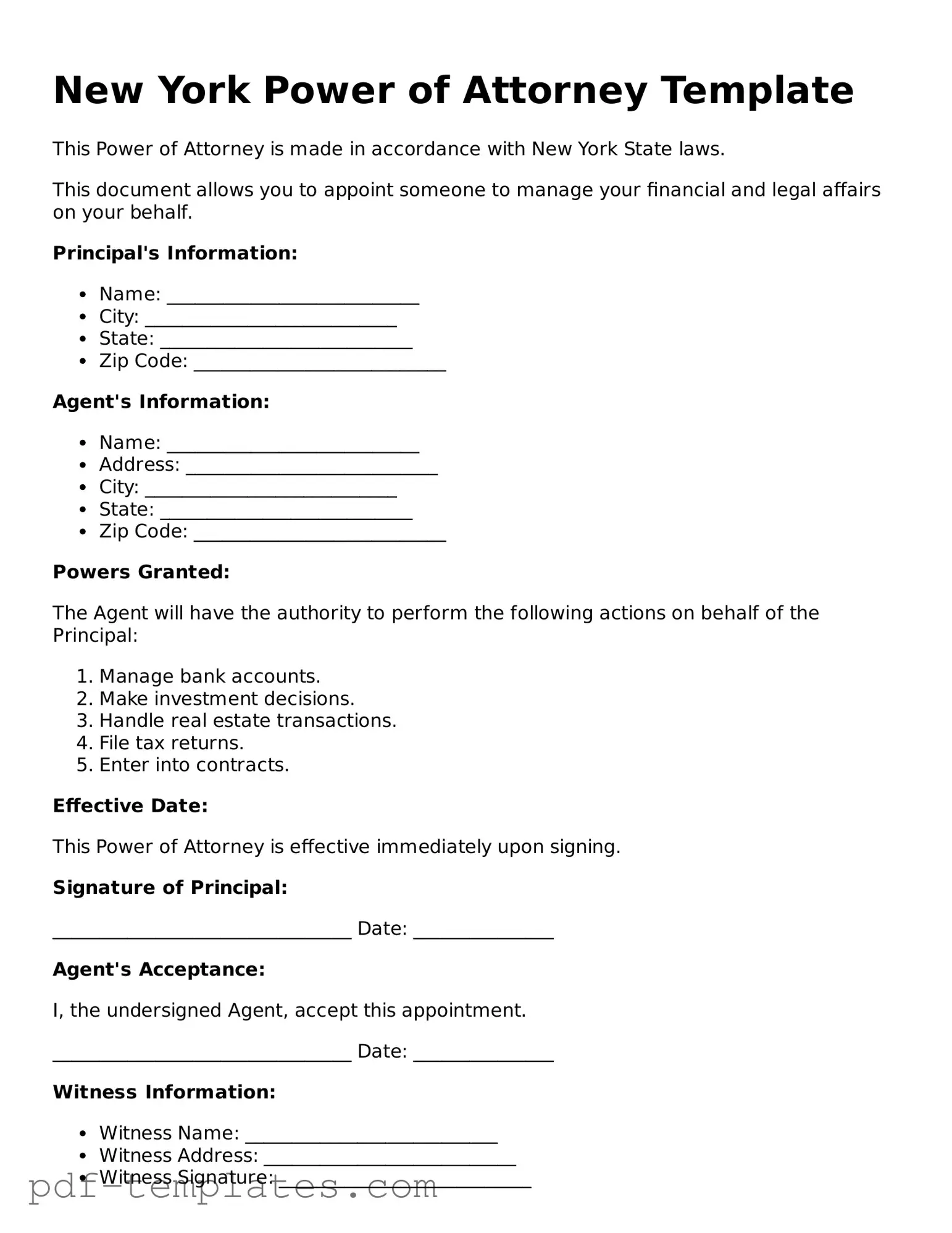 Official Power of Attorney Template for New York State