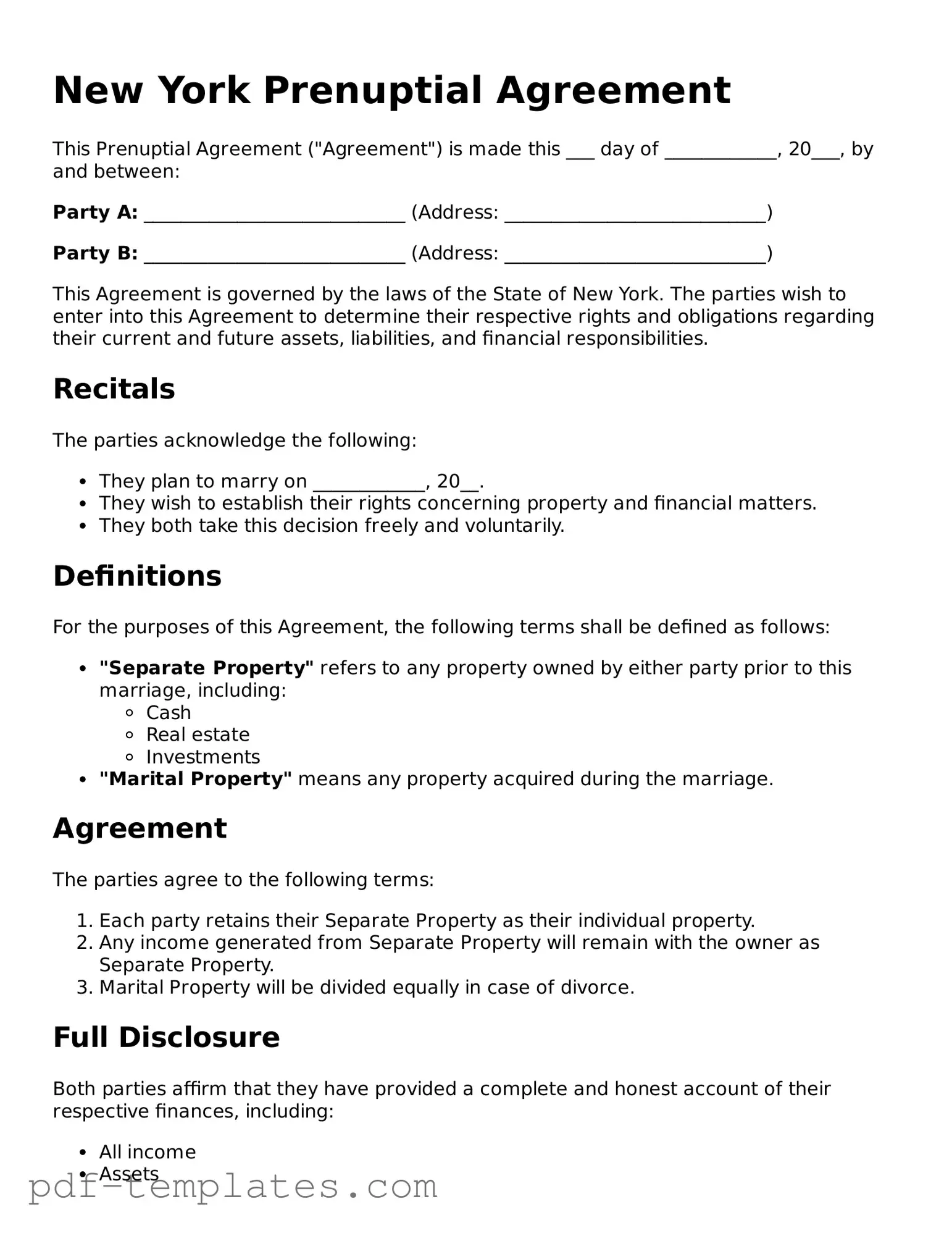 Official Prenuptial Agreement Template for New York State