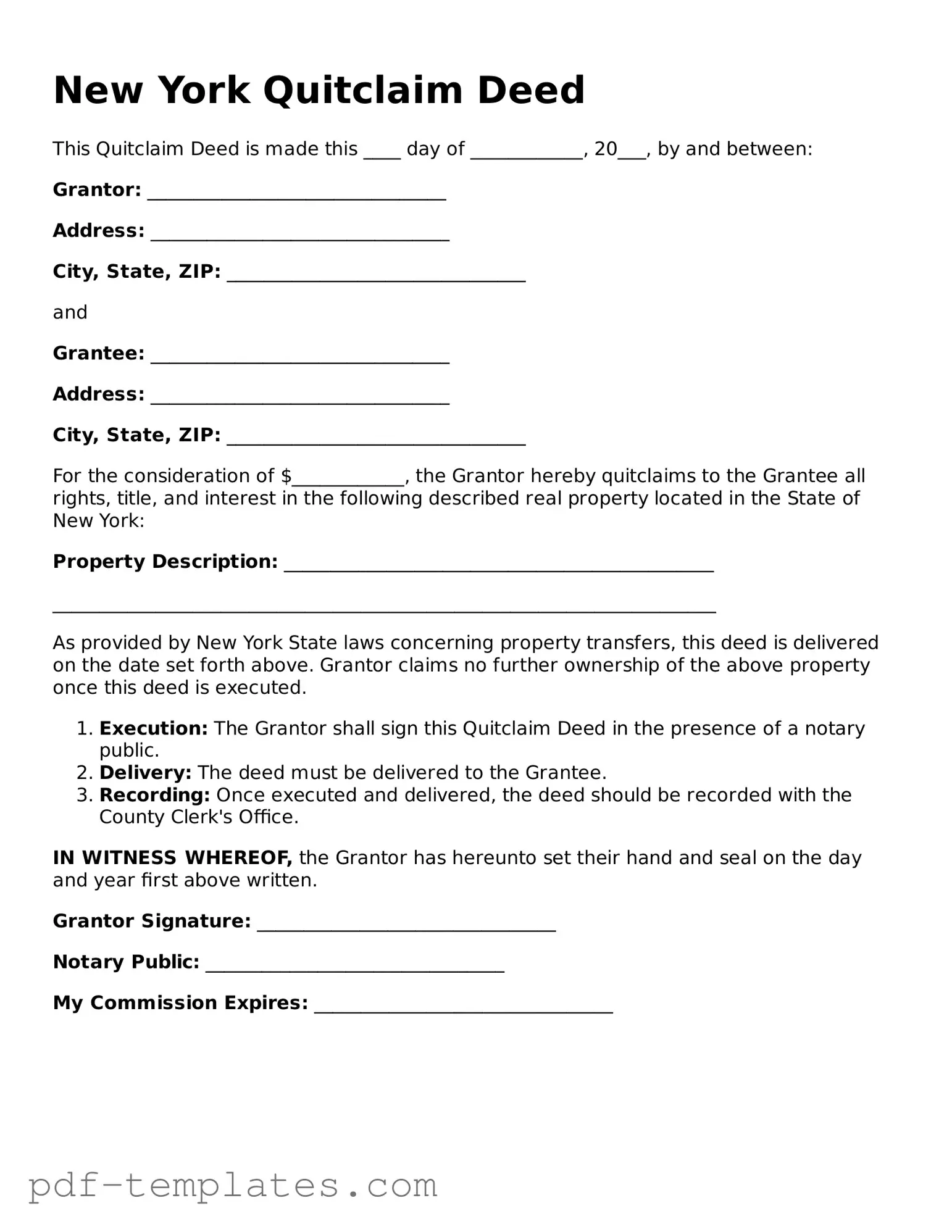 Official Quitclaim Deed Template for New York State