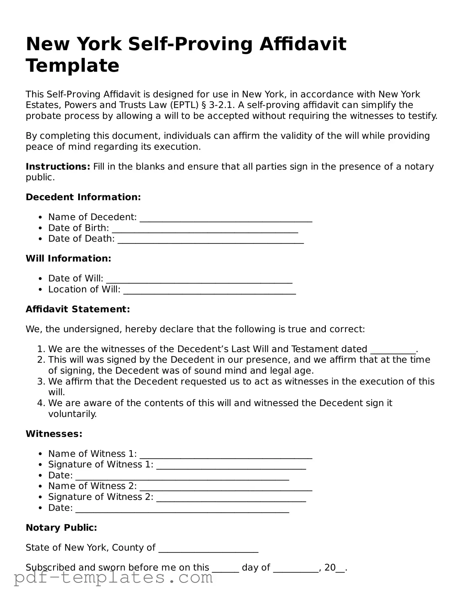 Official Self-Proving Affidavit Template for New York State