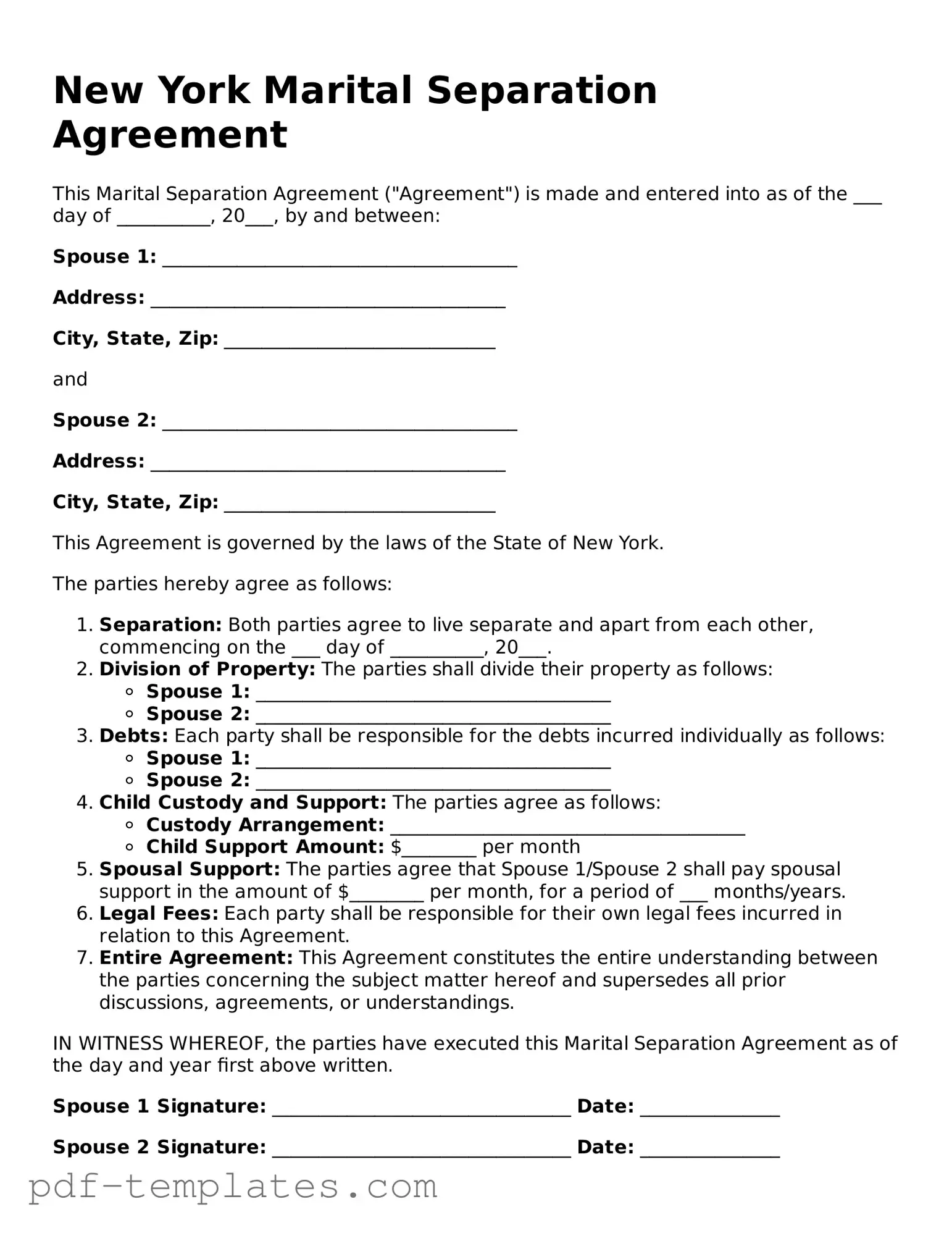 Official Marital Separation Agreement Template for New York State