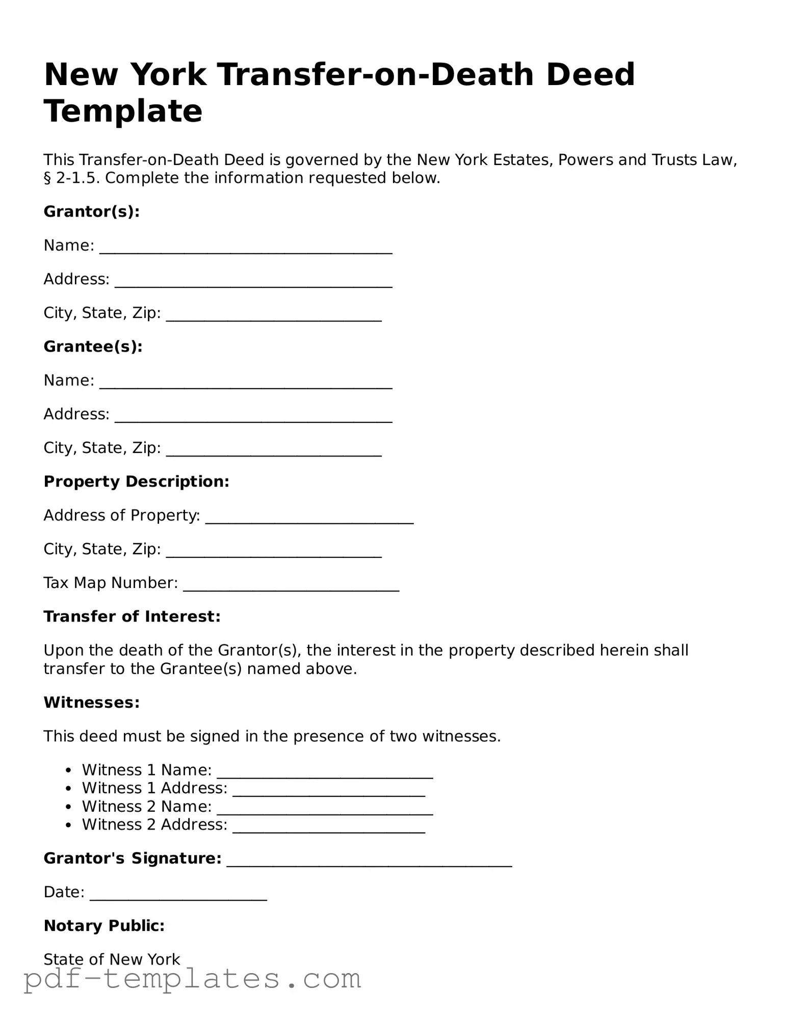 Official Transfer-on-Death Deed Template for New York State