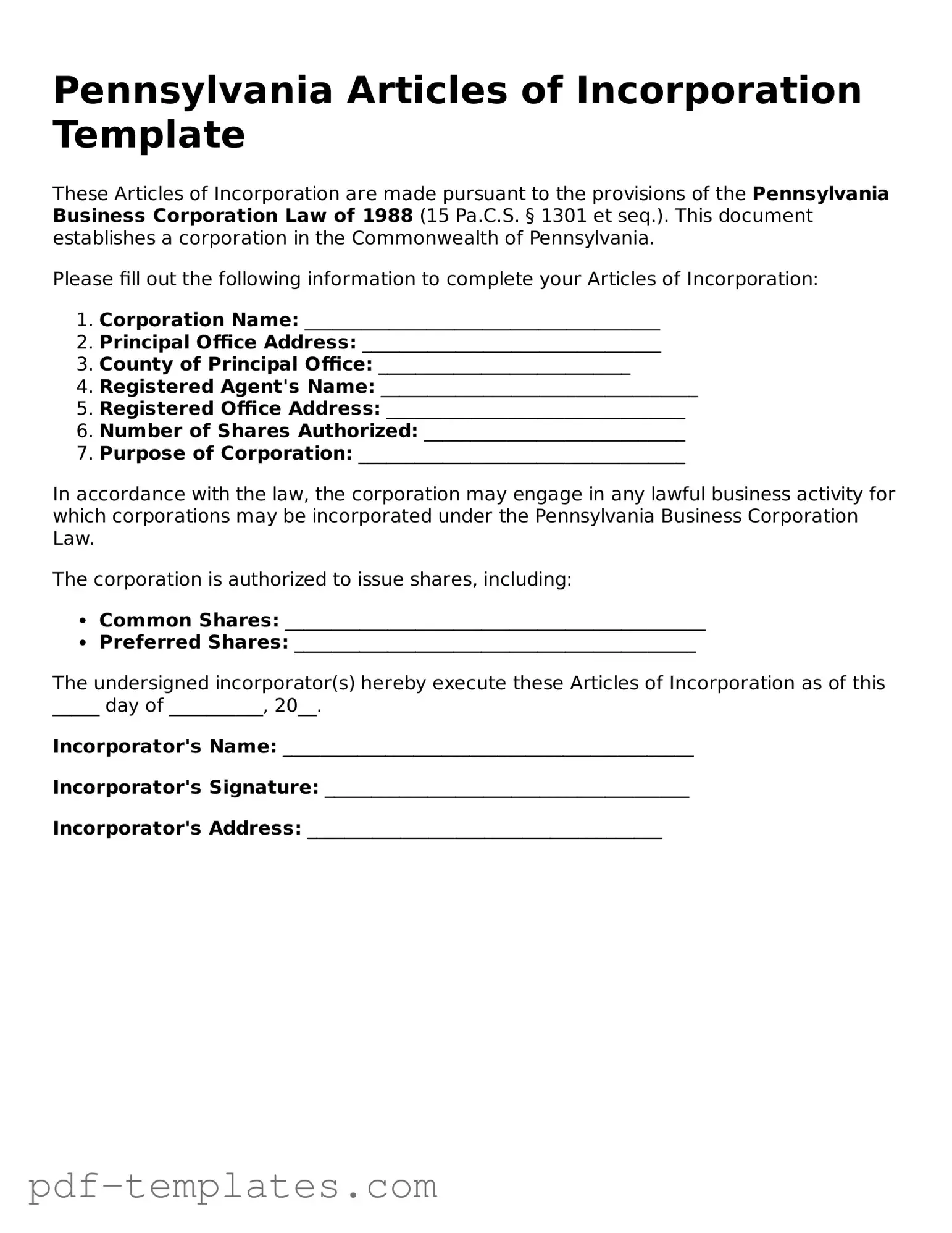 Official Articles of Incorporation Template for Pennsylvania State