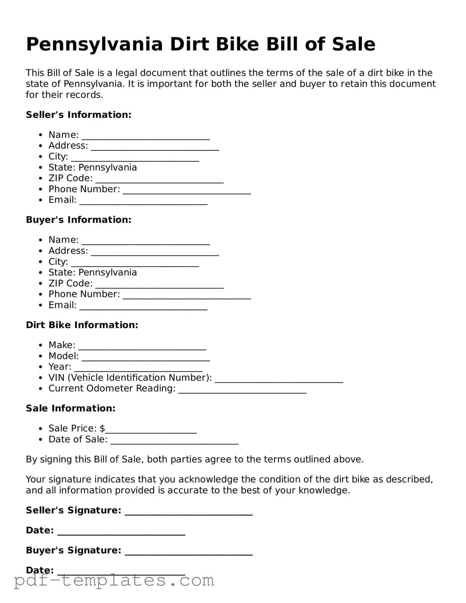 Official Dirt Bike Bill of Sale Template for Pennsylvania State