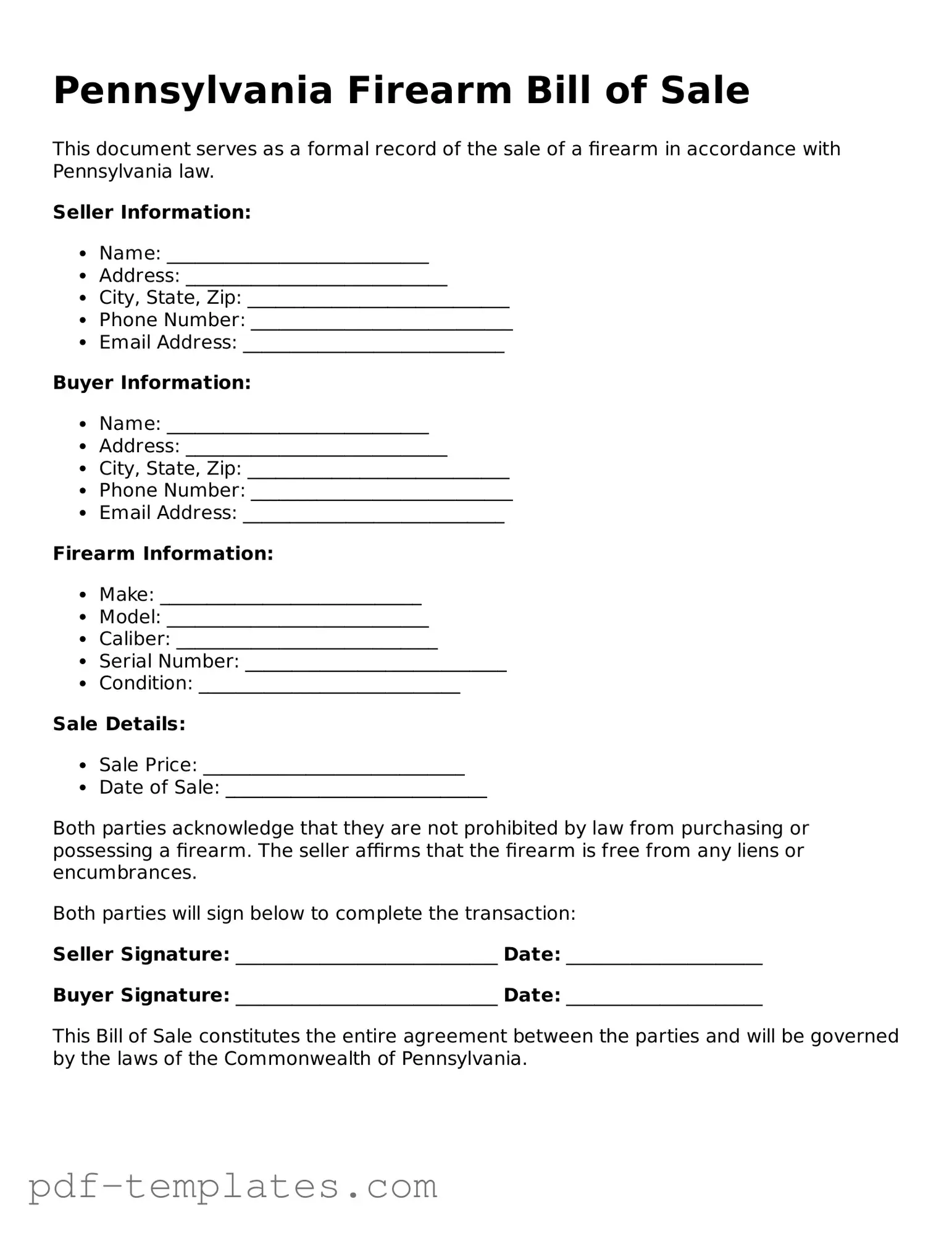 Official Firearm Bill of Sale Template for Pennsylvania State