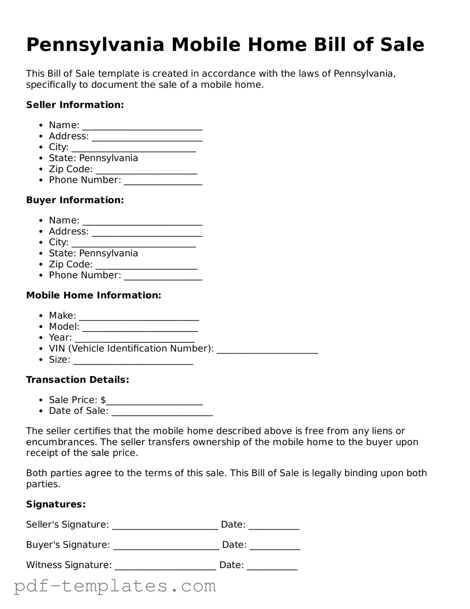 Official Mobile Home Bill of Sale Template for Pennsylvania State