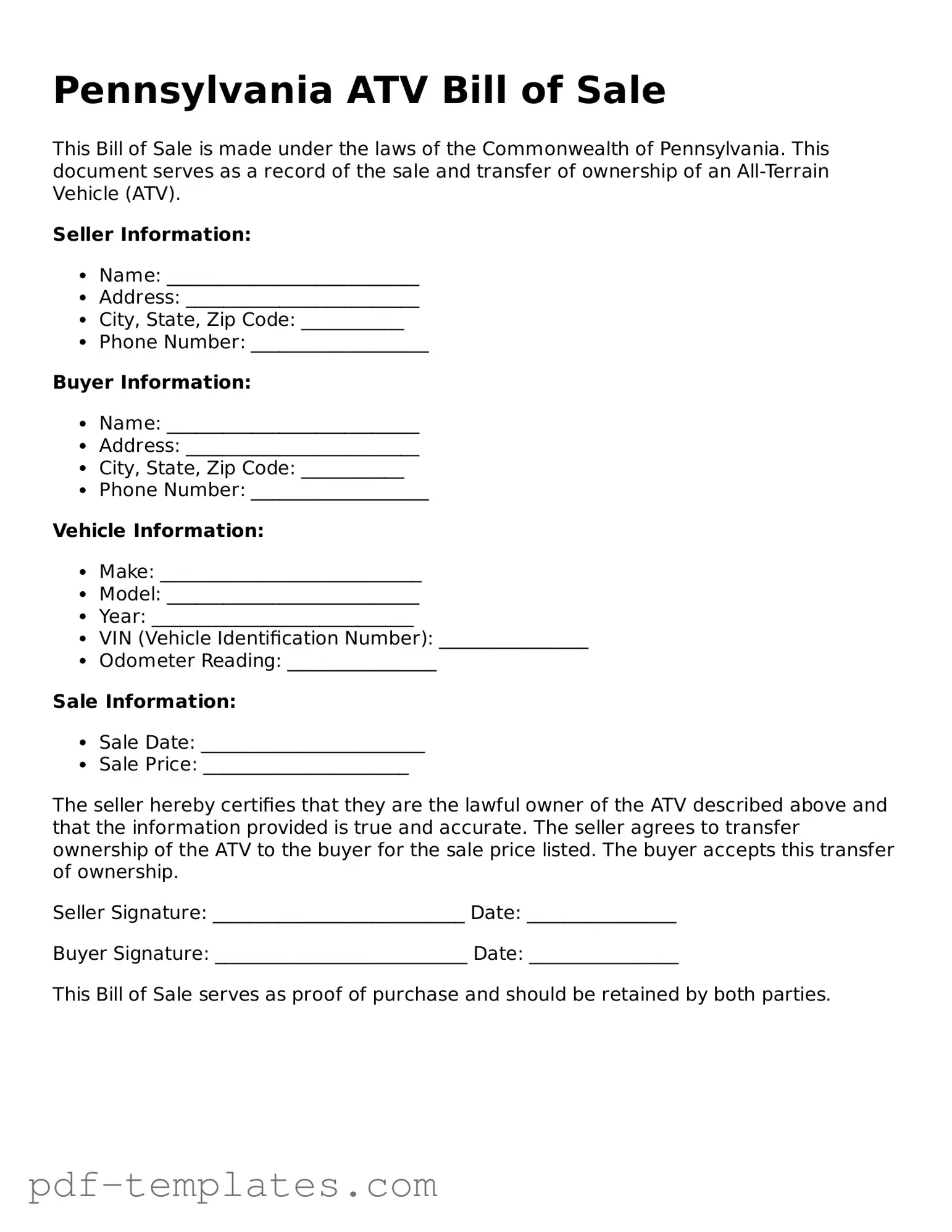 Official ATV Bill of Sale Template for Pennsylvania State