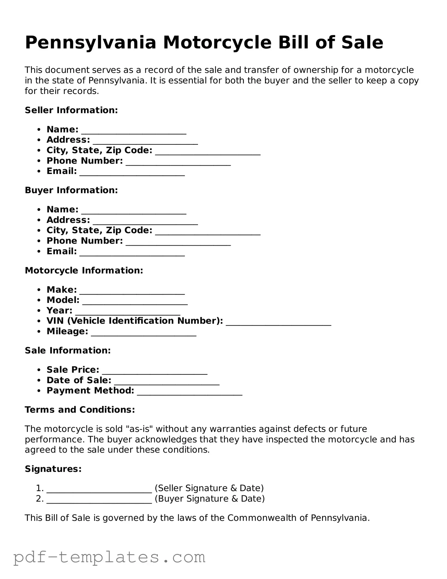 Official Motorcycle Bill of Sale Template for Pennsylvania State