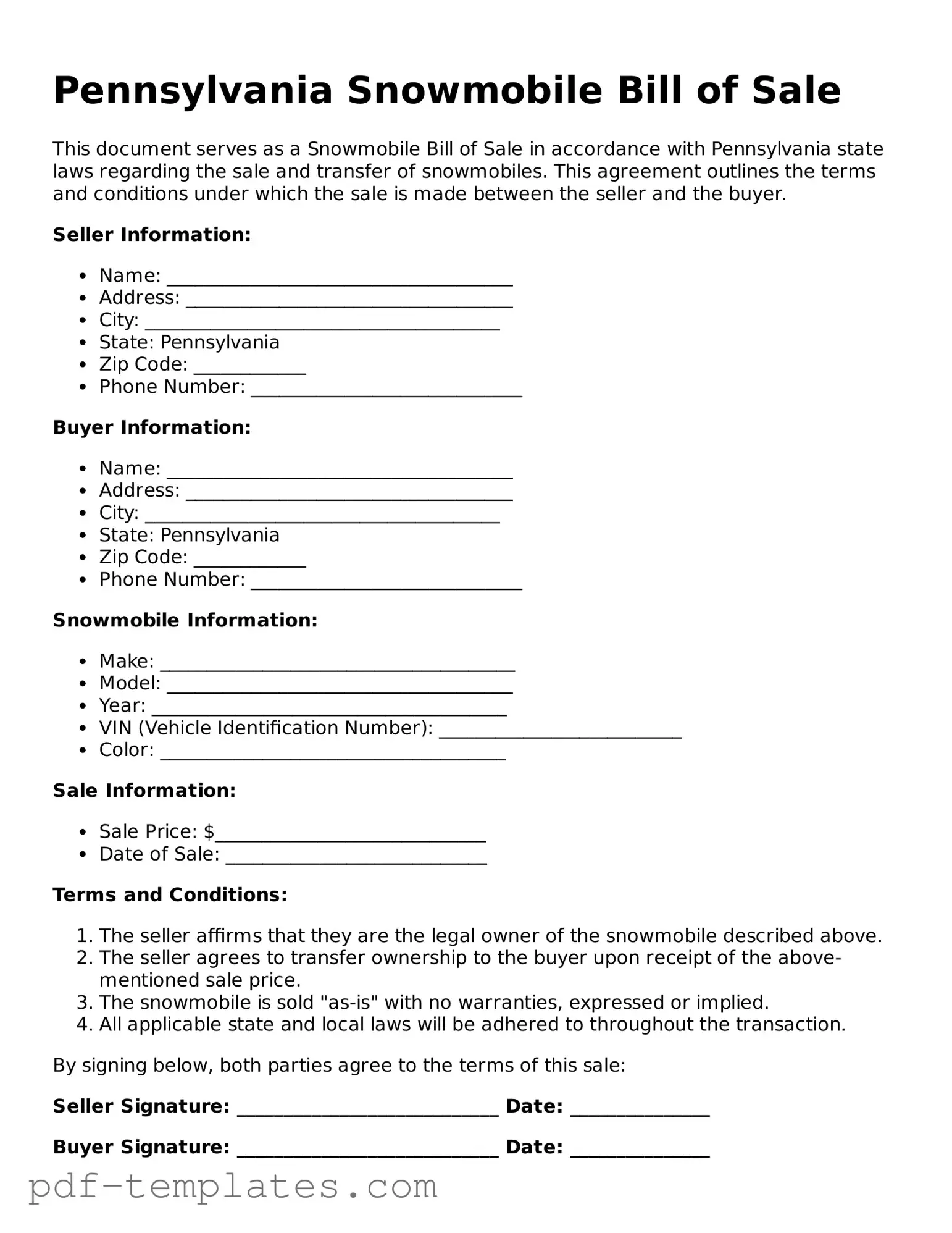Official Snowmobile Bill of Sale Template for Pennsylvania State