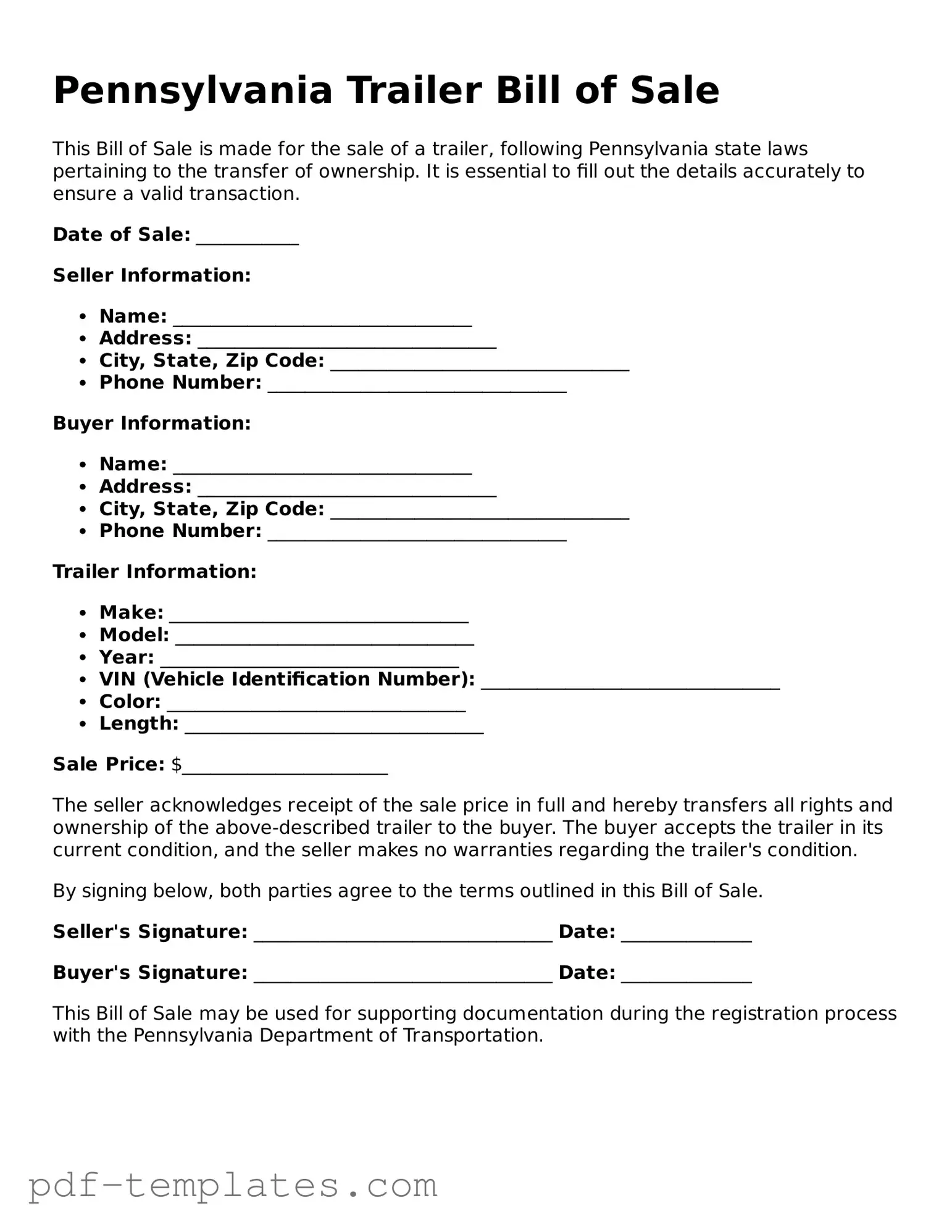 Official Trailer Bill of Sale Template for Pennsylvania State