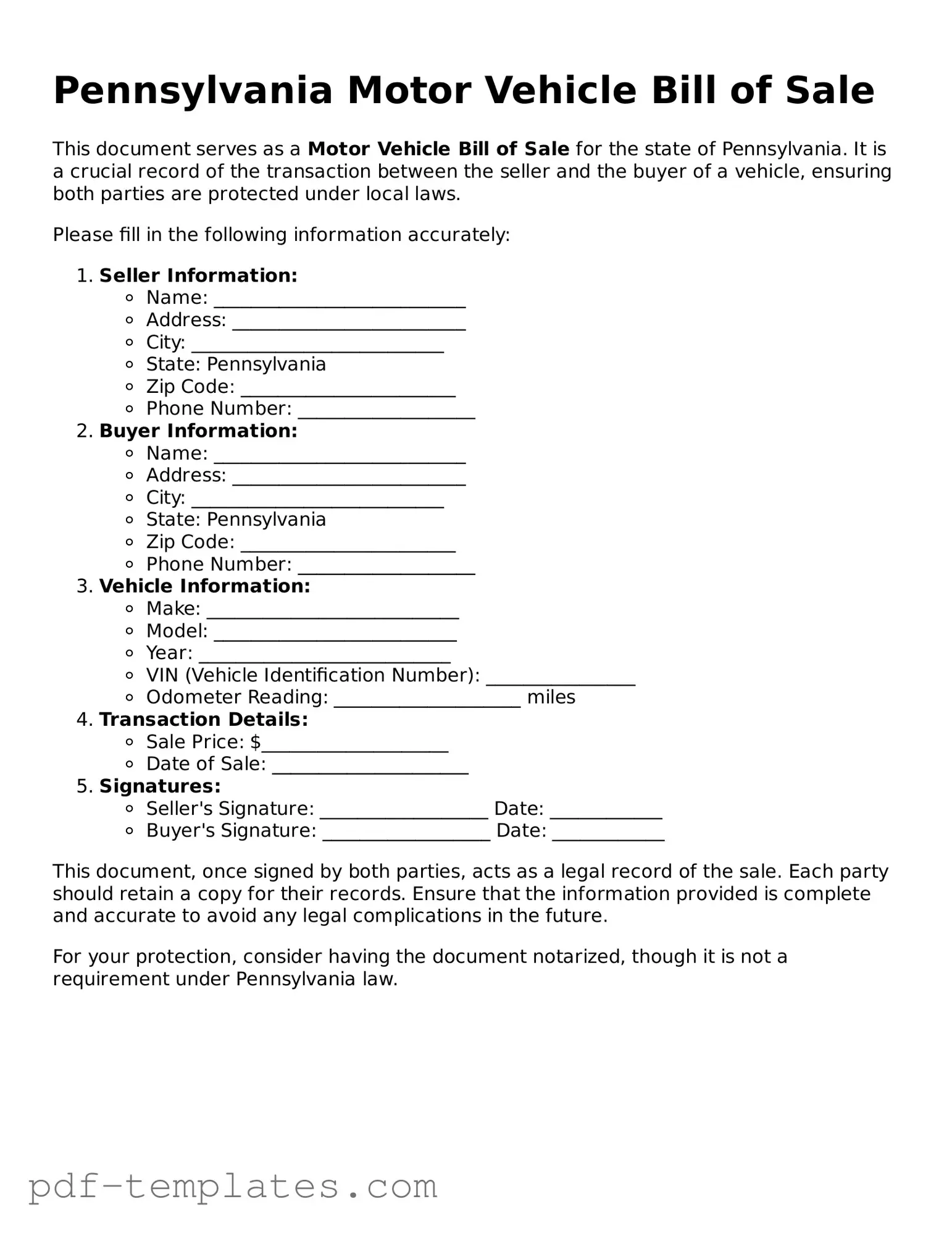 Official Motor Vehicle Bill of Sale Template for Pennsylvania State