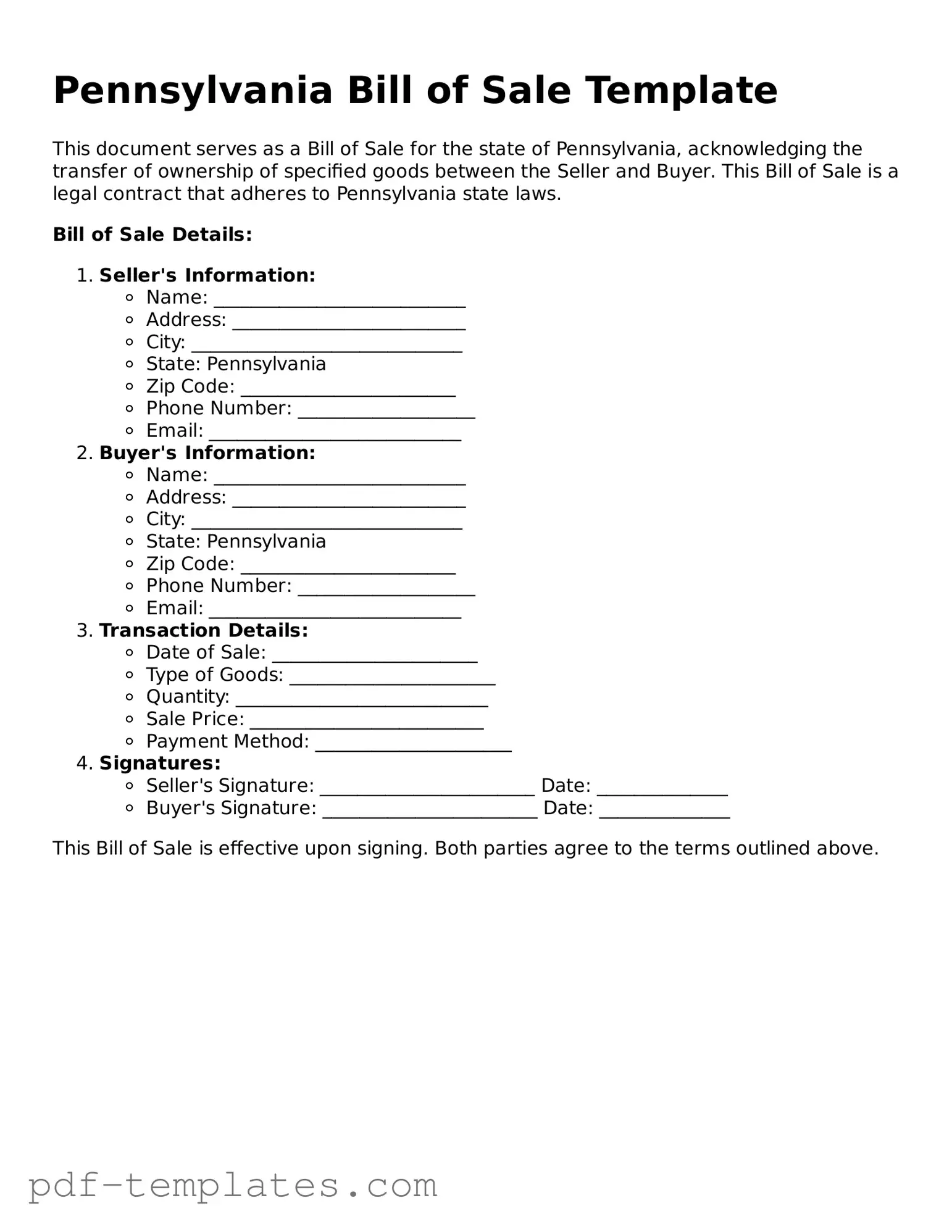Official Bill of Sale Template for Pennsylvania State