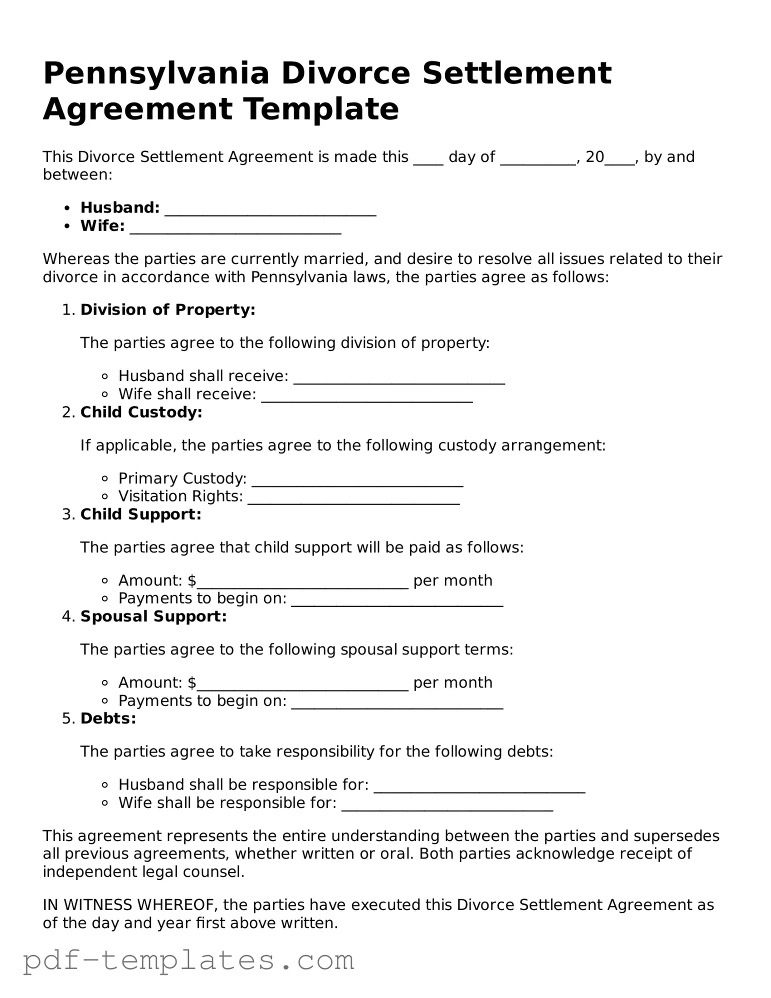 Official Divorce Settlement Agreement Template for Pennsylvania State